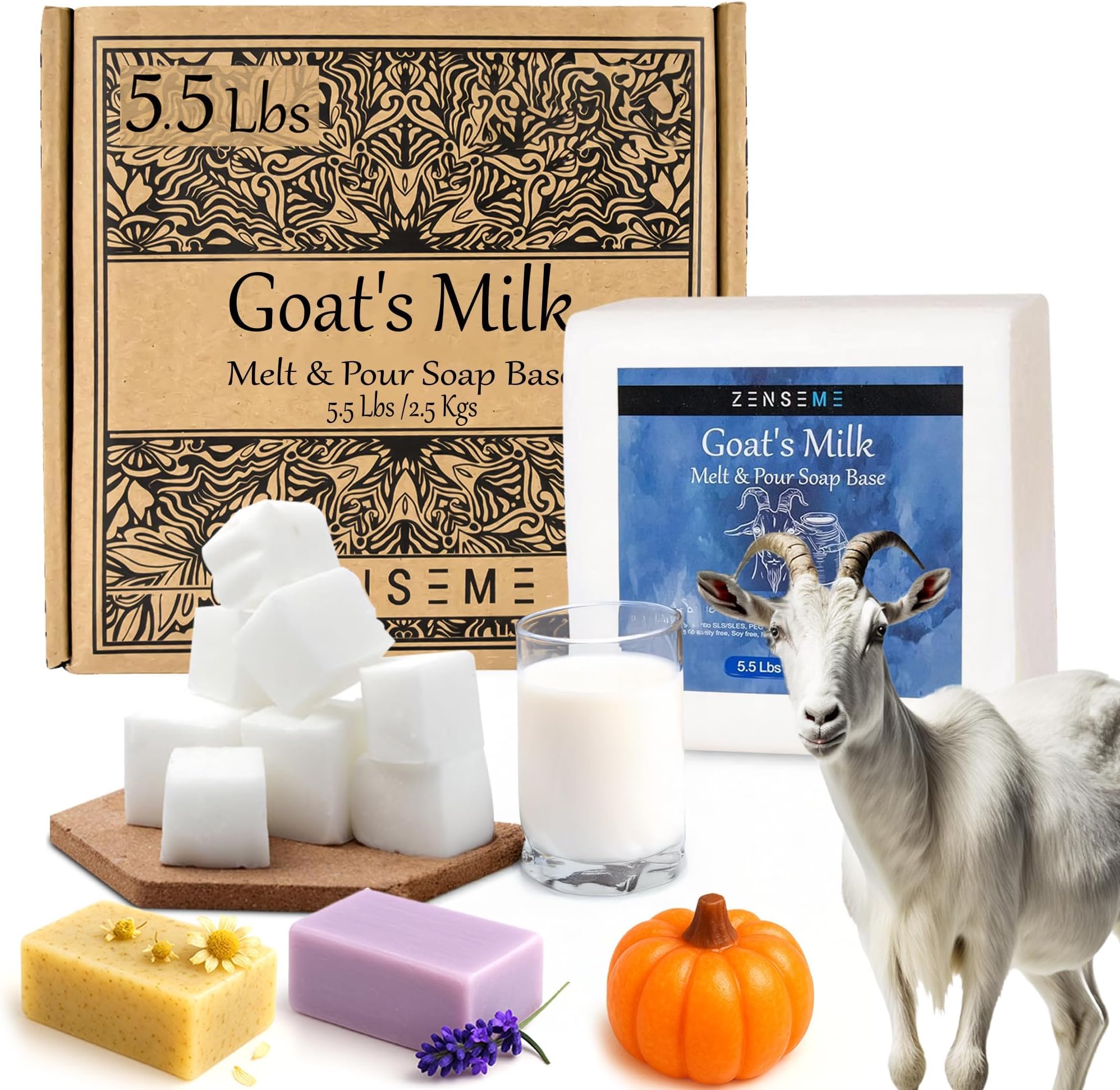 ZenseMe 5.5 LBS Goats Milk Soap Base - Melt and Pour Supplies Kit for Soap Making - SLS/SLES & PEG free - Gentle & Foamy - Make Your Own Bulk For Adult Soapmaker - Easy to Cut