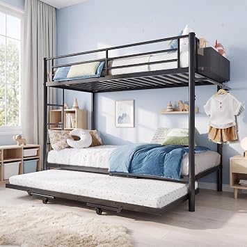 Jocoevol Bunk Bed Twin Over Twin with Trundle, Heavy-Duty Twin Frame with 13.8 Full-Length Guardrail and Ladders, Space-Saving Triple Bunk Bed Converts into 3 Twin Bed for Kids and Teens, Black