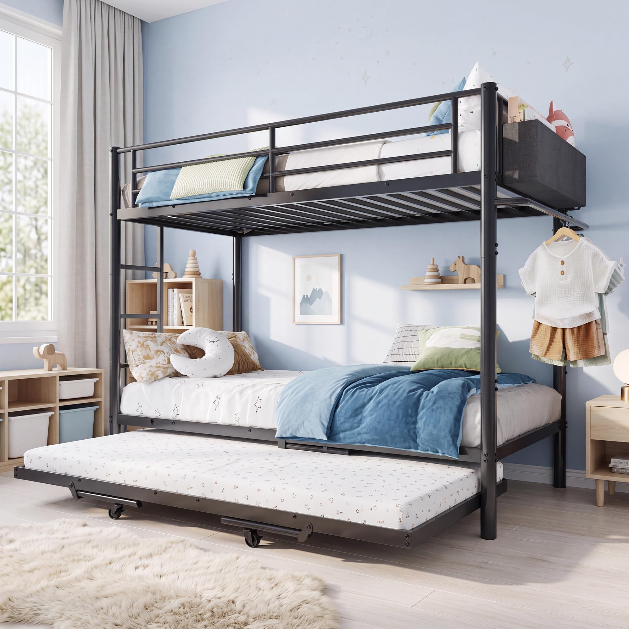 View 1 of ***BOX 2/2***Jocoevol Bunk Bed Twin Over Twin with Trundle, Heavy-Duty Twin Frame with 13.8‘’ Full-Length Guardrail and Ladders, Space-Saving Triple Bunk Bed Converts into 3 Twin Bed for Kids and Teens, Black
