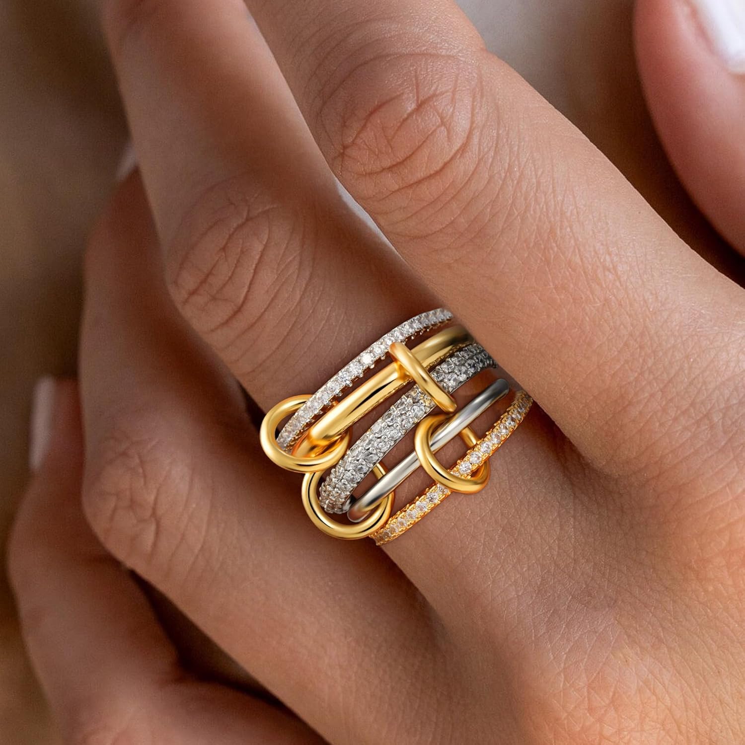 Gold Stackable Rings for Women, 14K Gold Plated Cubic Zirconia Rings, Silver Gold Multi Ring Mixed Metals Stackable Ring Set for Women Non Tarnish (5 PCS, 8) - Image 3