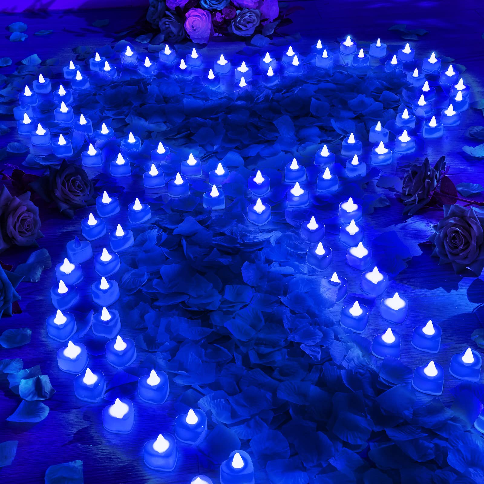 Coume 120 Pcs Heart LED Candles &amp; 6000 Rose Petals Set, Blue Light