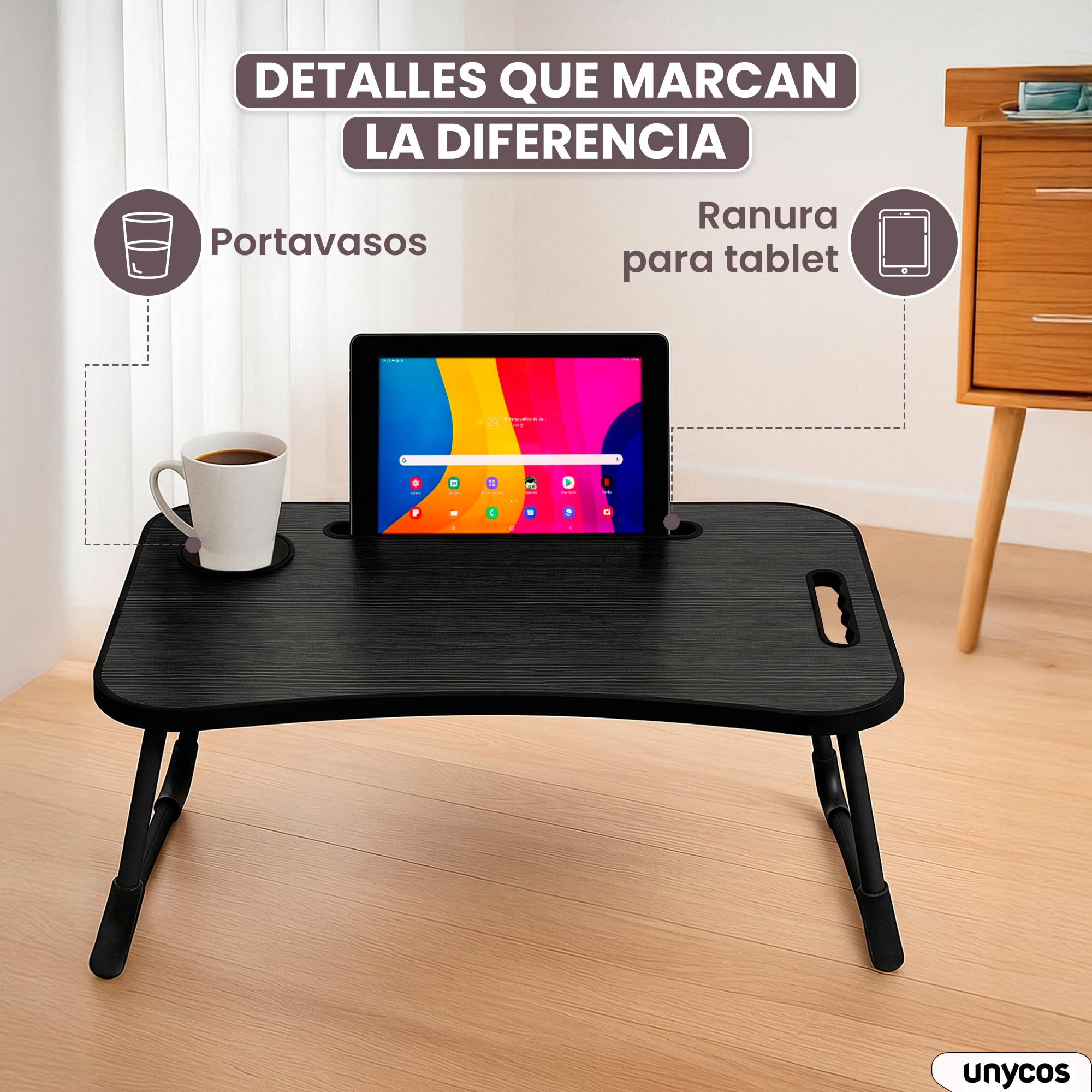 unycos - Bandeja para Cama, Mesa Plegable de Desayuno, Multiusos, Ideal para Portátil, Ordenador y Libros, Ergonómica, Mesa Auxiliar con Atril para Leer en la Cama 60x40x26 cm (Negro/Gris sin Cajón)