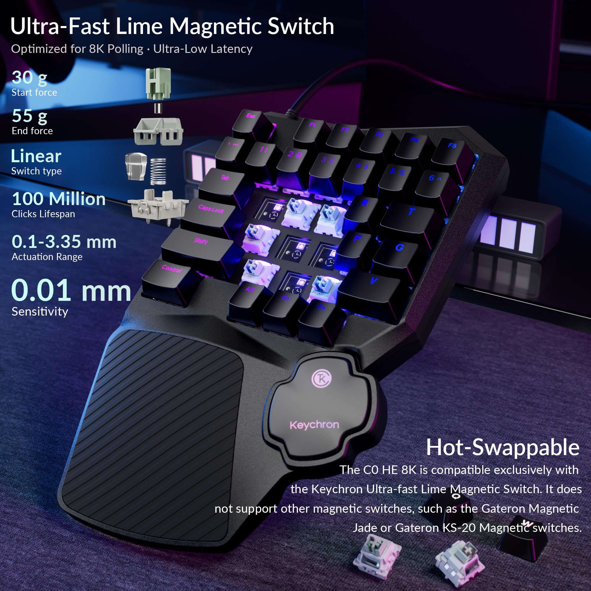 Keychron C0 HE 8K - Tastiera da gioco cablata con una sola mano, interruttori magnetici effetto Hall, scatto rapido, 35 tasti programmabili, frequenza di campionamento 8000 Hz, illuminazione RGB per