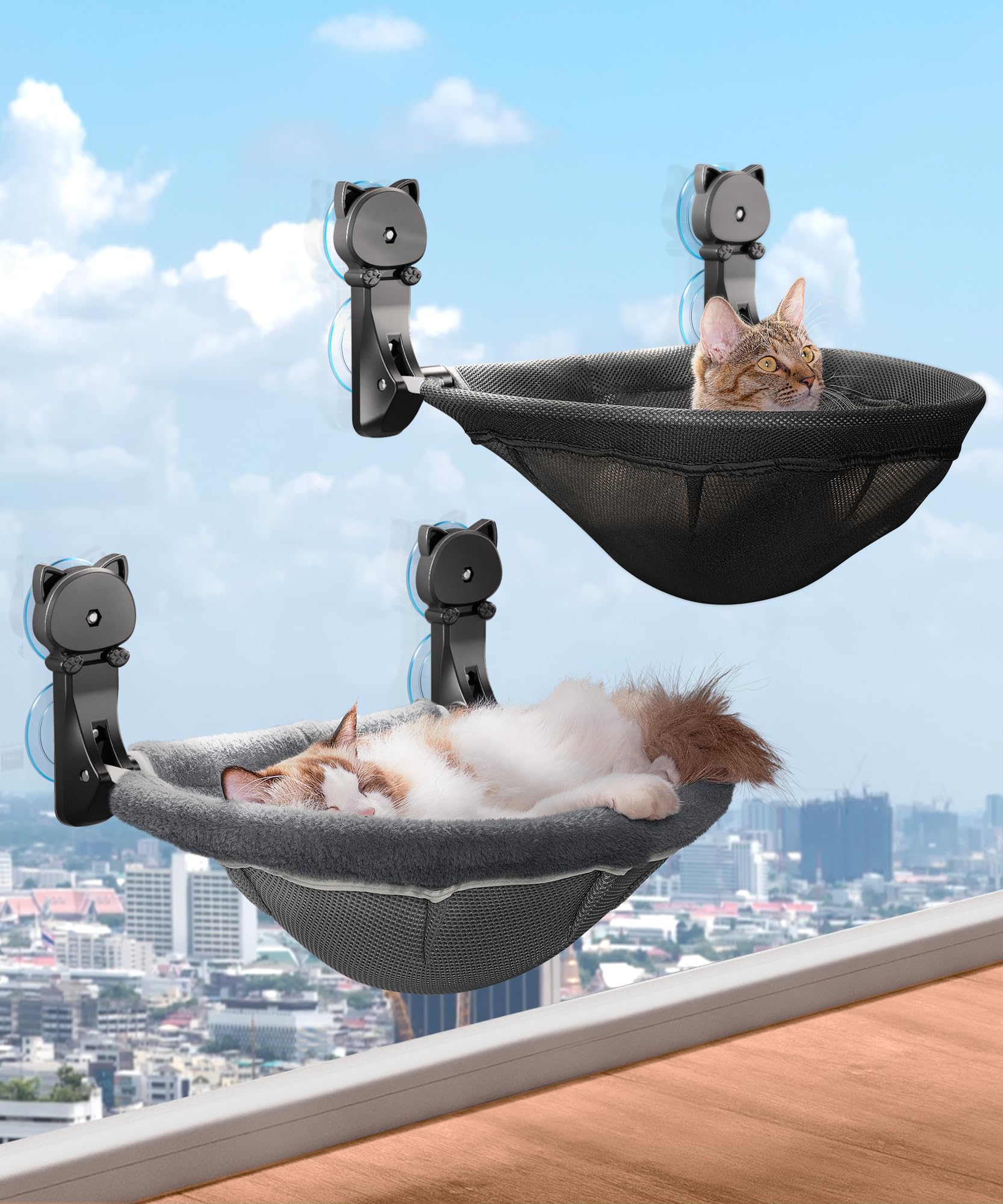 JUNSPOW Paquete de 2 perchas para ventana de gato inalámbricas, hamaca para gatos con diseño hundido, camas plegables y estables, hamaca transpirable para ventana de gato para pasar por alto, tomar el