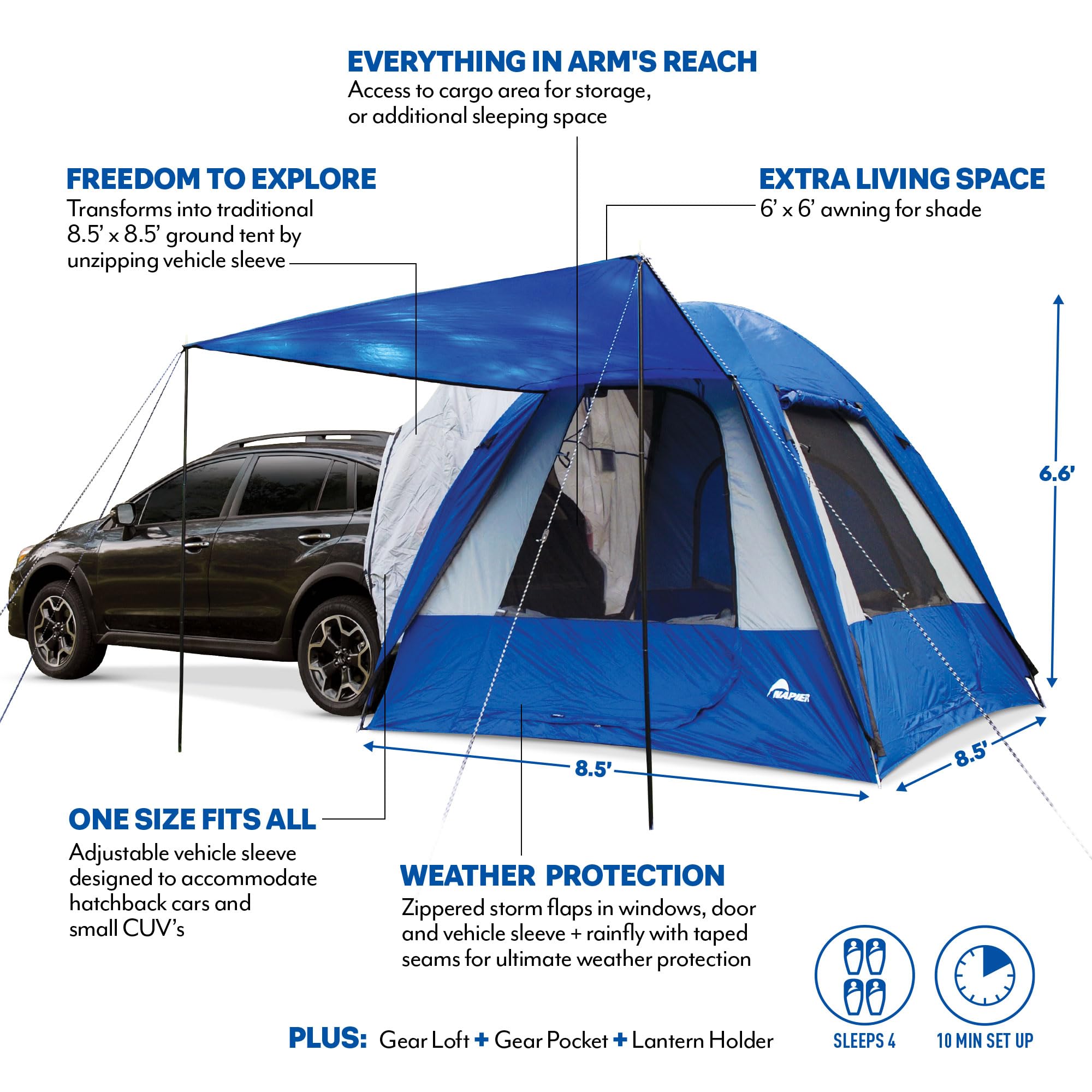 Napier Sportz Hatchback and Small CUV Tent 8x8 Waterproof Camping Tent with Awning 4 Person BlueGrey Car Tent | Fits Small CUVs or Hatchbacks product thumbnail 7