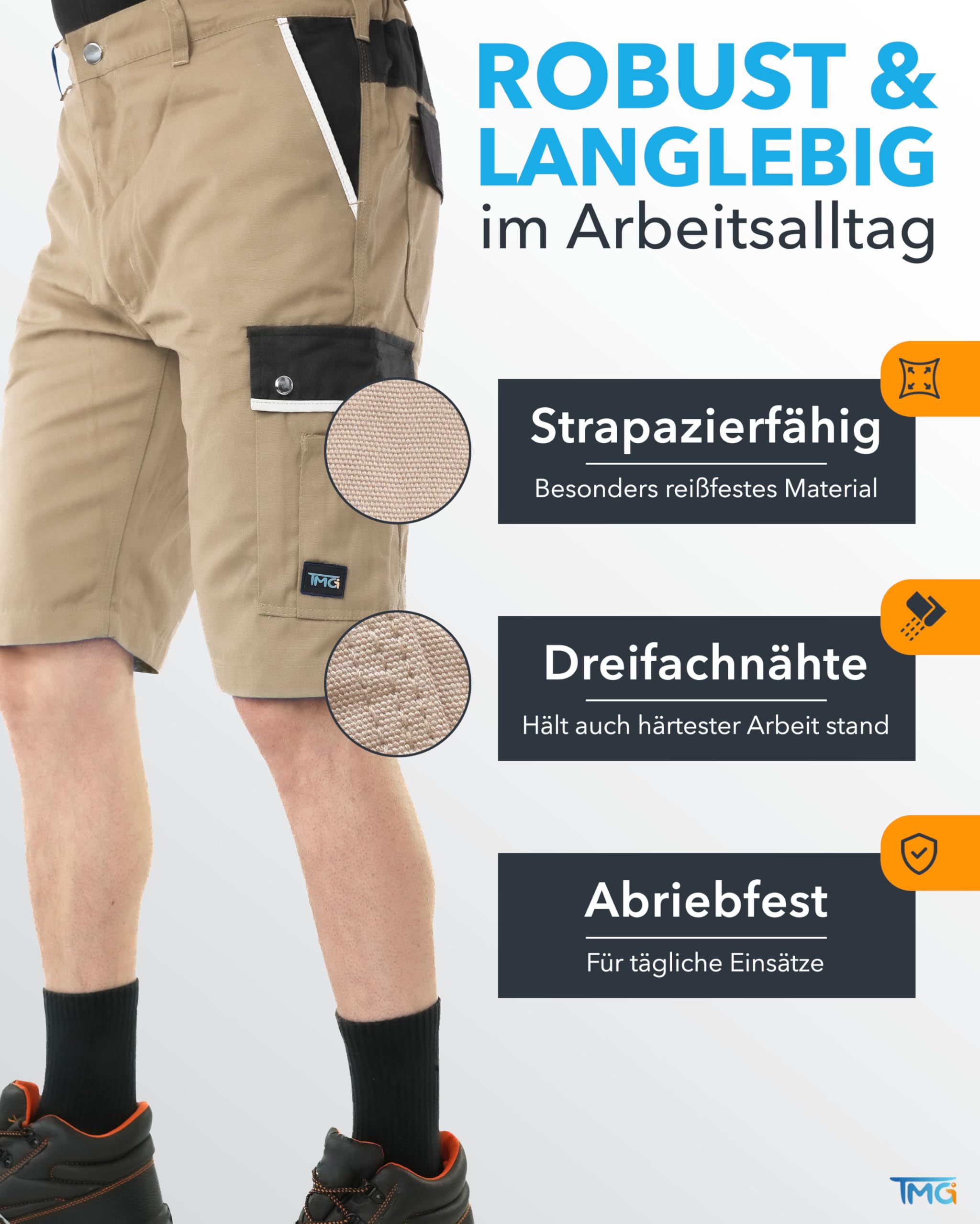 TMG Kurze Arbeitshose Herren - Arbeitsshorts Cargo mit Werkzeugtasche, Stretchbund & Reflektorstreifen - Baumwolle & Polyester mit 320 g/m² - Cargo Shorts Herren Sommer, Baustelle & Werkstatt