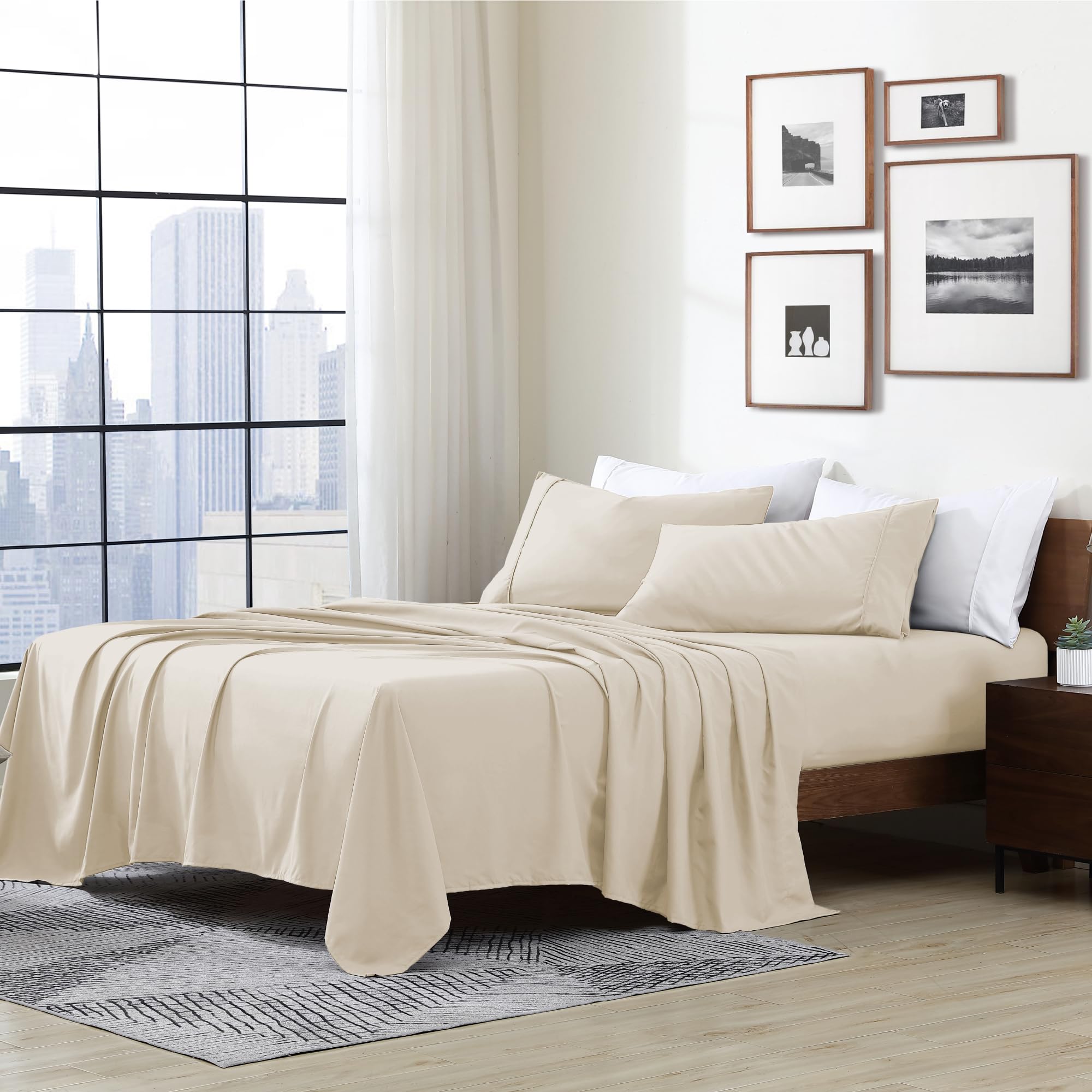 Cathay Home Essentials Ultra Soft Hypoallergenic Wrinkle Resistant Double Brushed Microfiber Bedding Sheet Set, Cream, Full