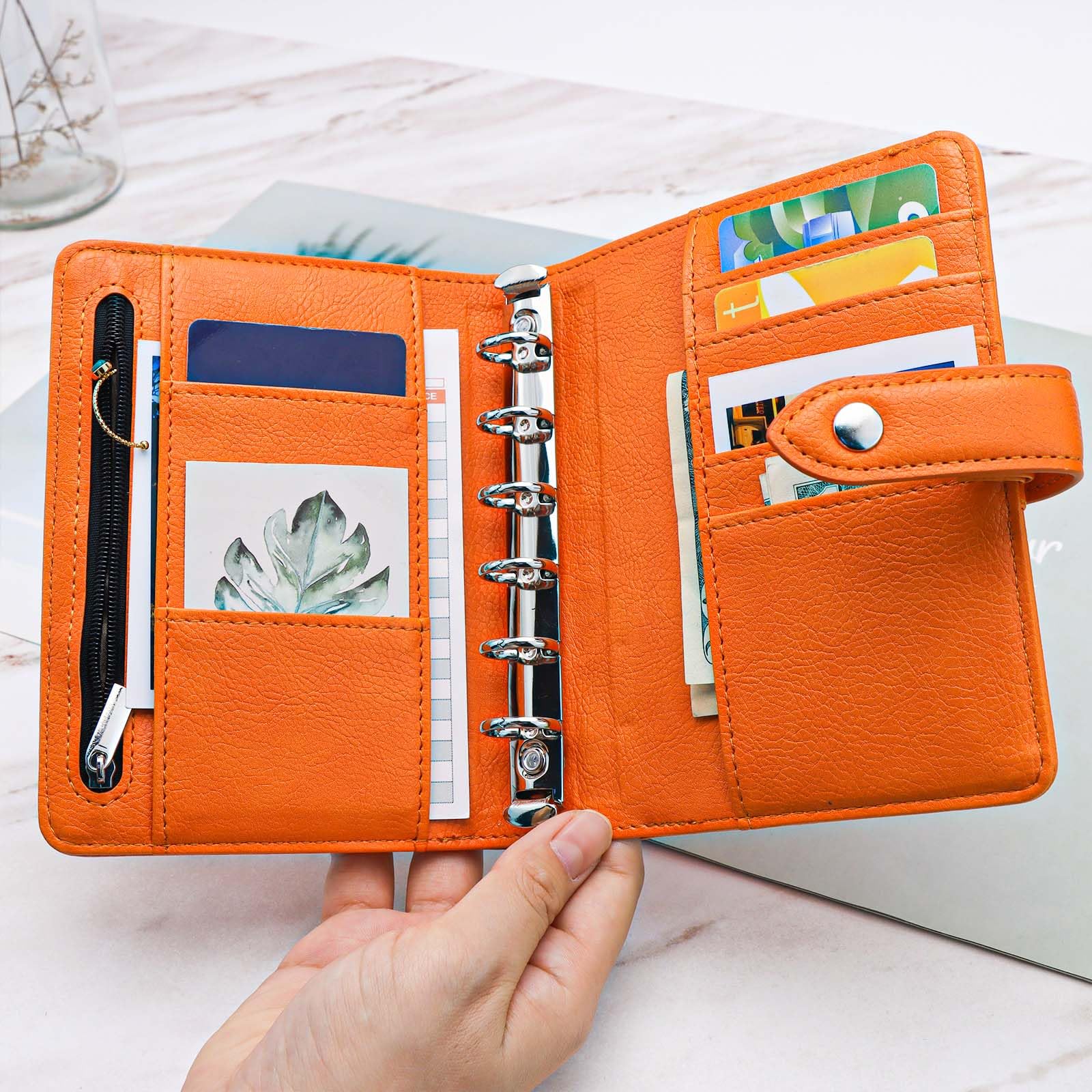 Raccoglitore per contanti, formato A7, mini planner arancione, in pelle PU, con 6 anelli, chiusura a scatto, per borsa, diario, carta A7, buste per contanti