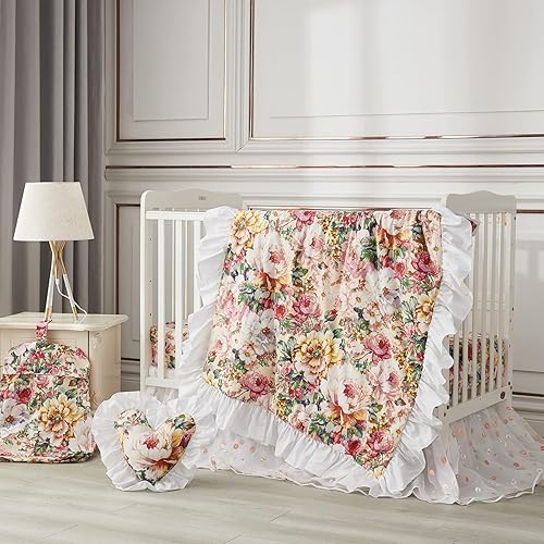 Brandream Crib Bedding Set for Girls | 3-Piece Baby Nursery Set | Shimmering Floral Comforter, Crib Sheet, Embroidered Tulle Lace Crib Bed Skirt