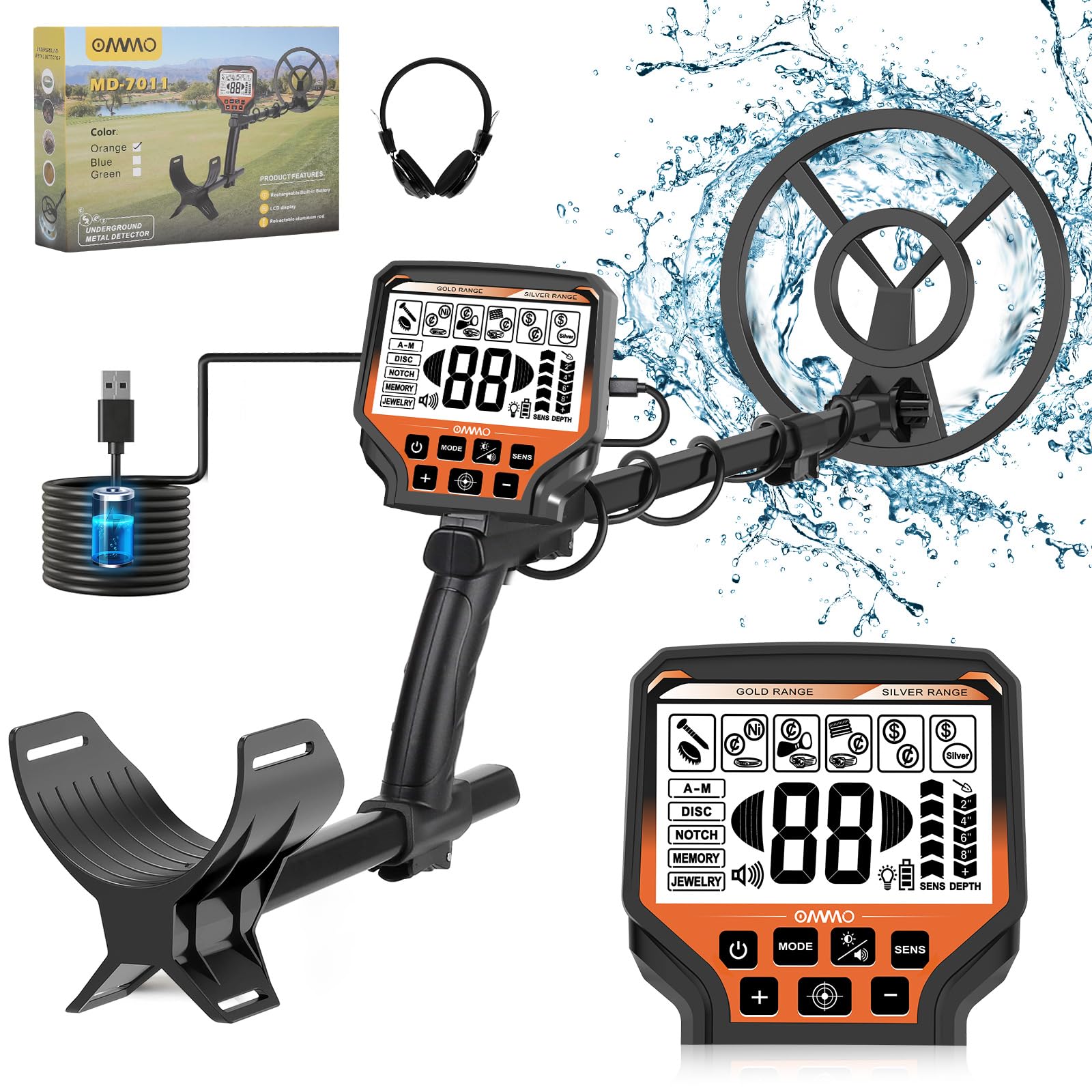 OMMO détecteur de métaux pour Adultes Professionnels, Rechargeable USB, 6 Modes, Tige réglable 69,8-124,5 cm, Bobine étanche IP68 25,4 cm