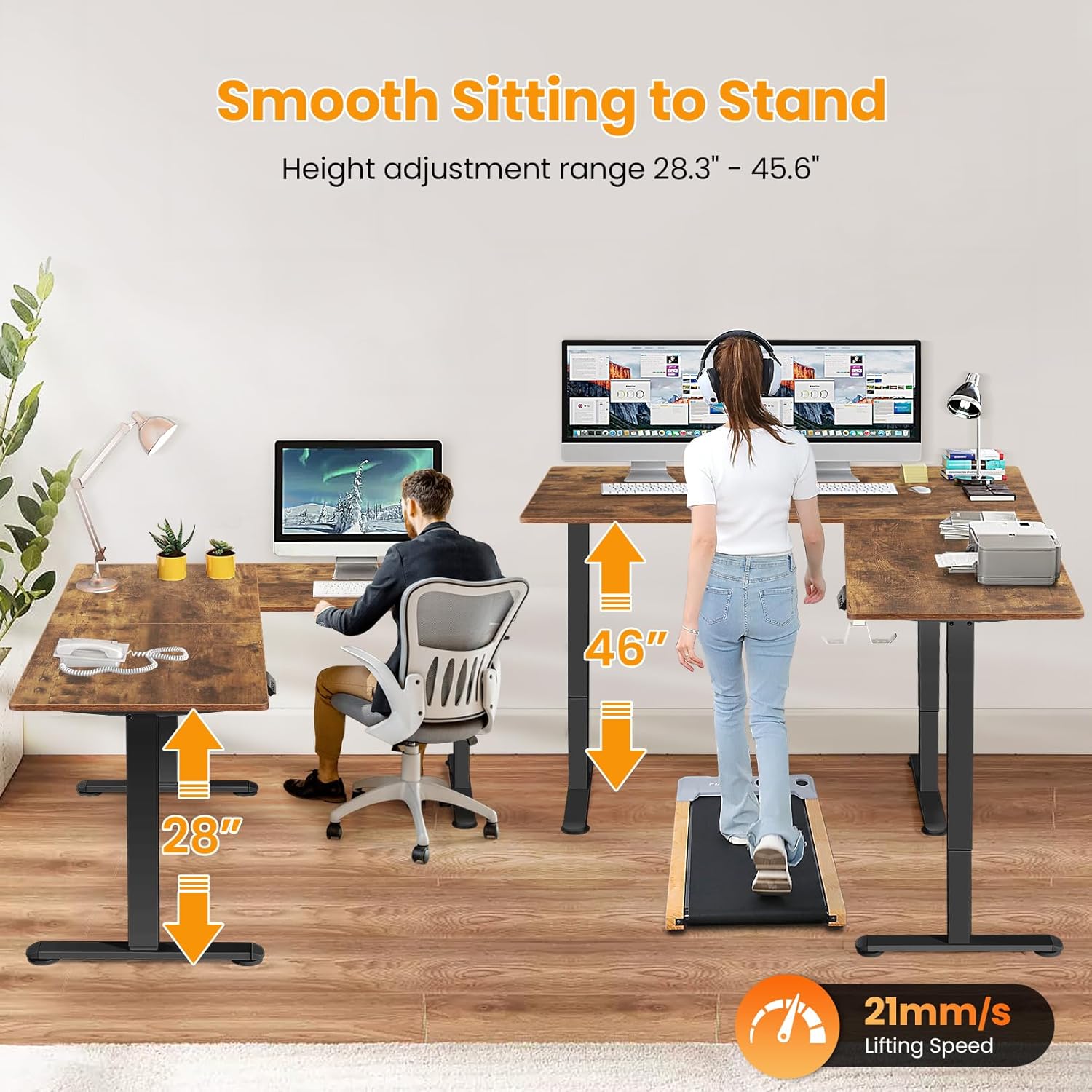 farexon L Shaped Standing Desk Adjustable Height, 63 x 55 Inch Corner Stand up Desk for Home Office with 39x18 in Mouse Pad, Electric Standing Computer Workstation with Headphone Hook, Rustic Brown