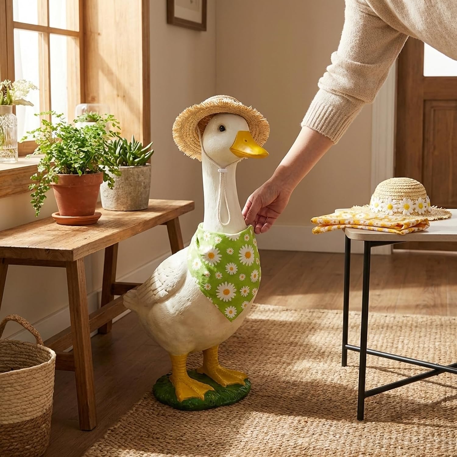 4PCS Porch Goose Hats, Summer Autumn Goose Clothes Dress Set 2 Hat & 2 Bandana Scarf for 23" Lawn Statue Pet Costume for Patio Yard Garden Decoration (Yellow Daisy & Green Daisy) image 4