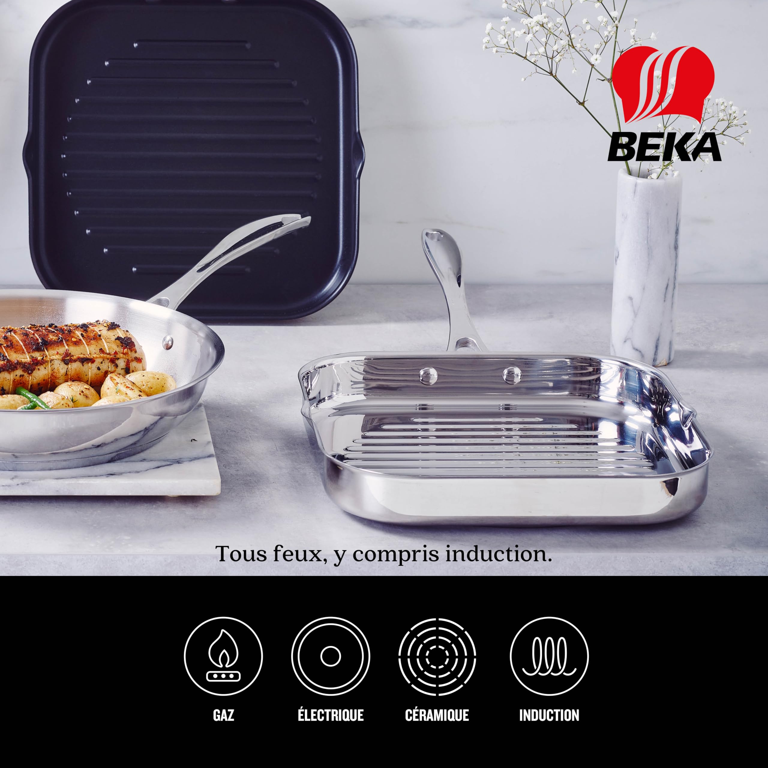 Beka Chef - Poêle Gril Inox 18/10 - 26,5 cm - Forme Rectangulaire - Tous Feux Compatible Induction - Acier Inoxydable