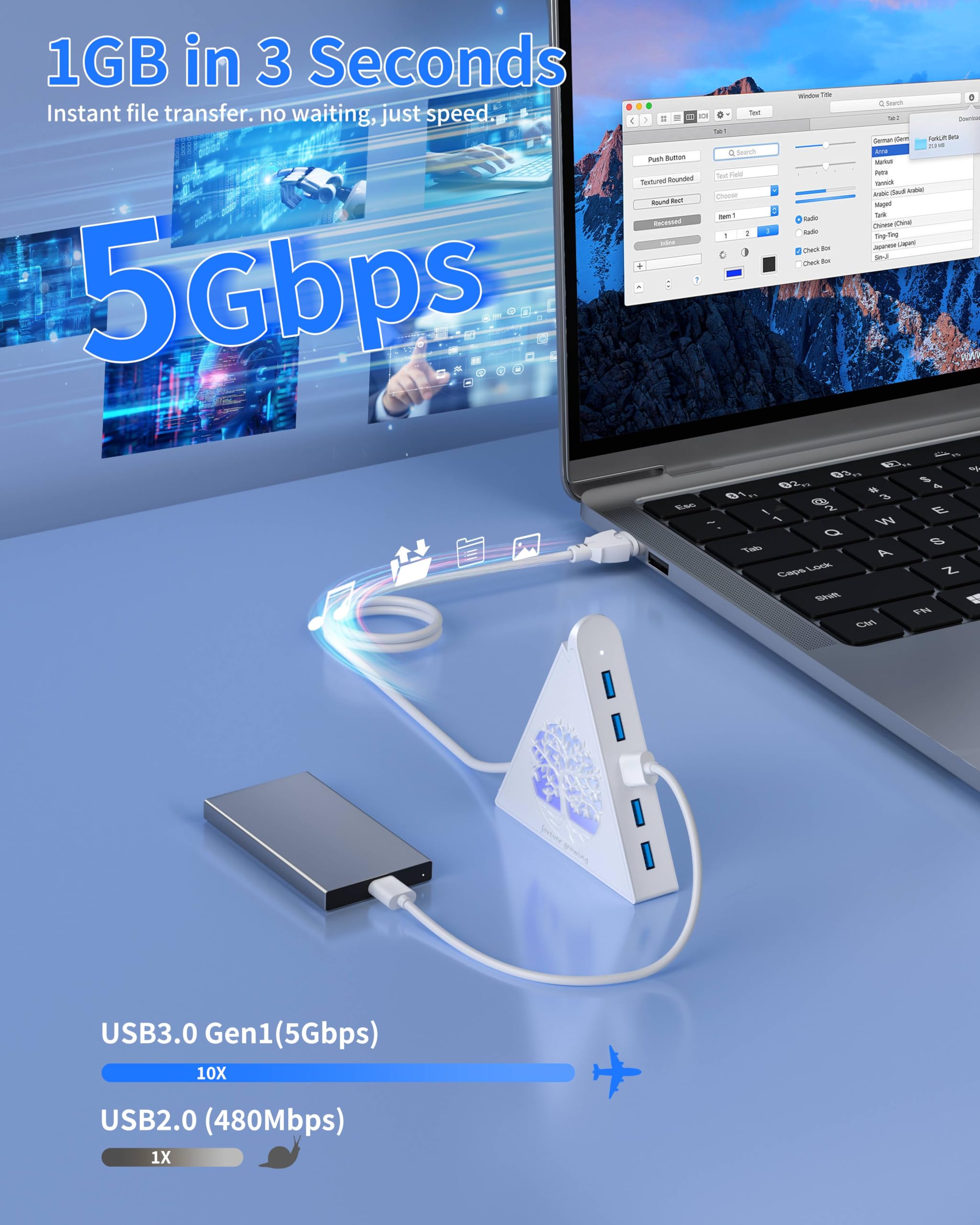 Hub USB 3.0 A 7 Porte Verticale JoyReken Con RGB E Cavo Da 0,6 M – 5 Gbps, Per PC E MacBook