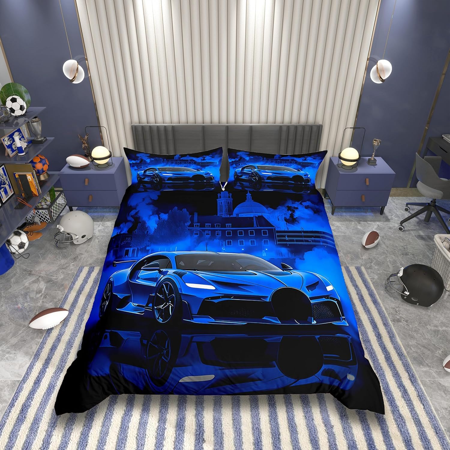 Homemissing Kids Race Car Bedding Set Double Size Extreme Sport Games Duvet Cover for Boys Girls Bedroom Decor Modern Blue Comforter Cover Soft Lightweight Microfiber With 2 Pillow Cases — image 1