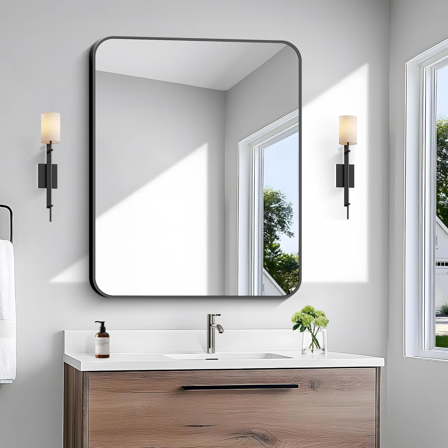 BONEWEI 30x36 inch Bathroom Mirror Black Rectangle Mirror Wall Mounted Bathroom Frame Vanity Mirror with Round Corner for