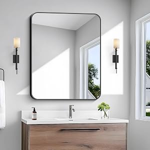 BONEWEI 30x36 inch Bathroom Mirror Black Rectangle Mirror Wall Mounted Bathroom Frame Vanity Mirror with Round Corner for