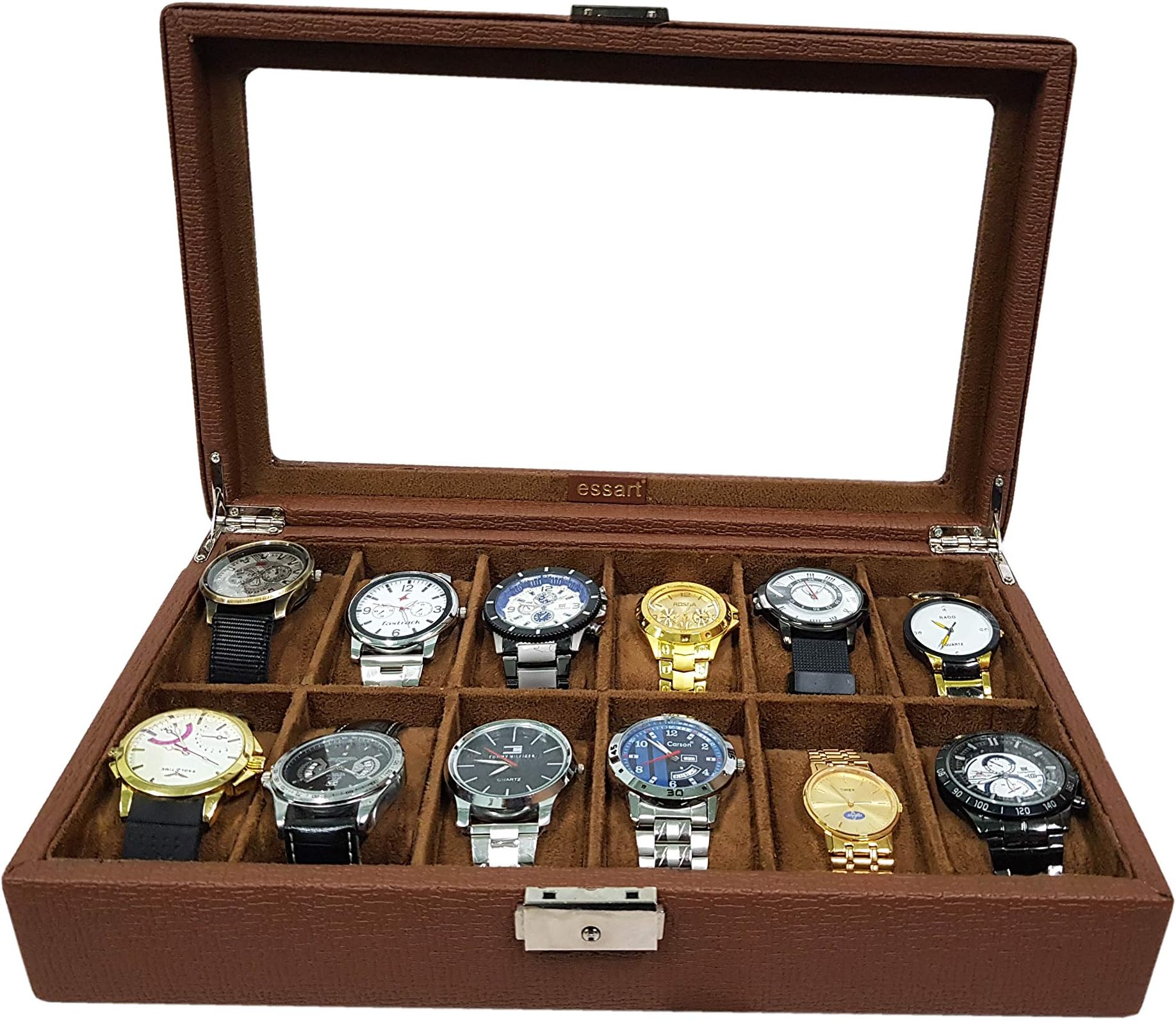 Premium 12 Grid Watch Display Case/Jewellery Storage Organiser/Silver Hinges with Turn Lock Closure - Tan