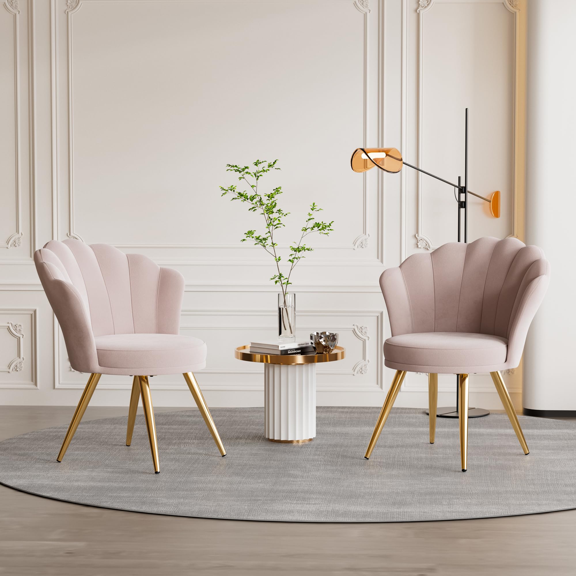 Aivermeil Velvet Accent Chair with Gold Metal Legs •Vanity Chair for Makeup Room •Upholstered Guest for Living Room •Side for Bedroom •Light Pink •Set of 2