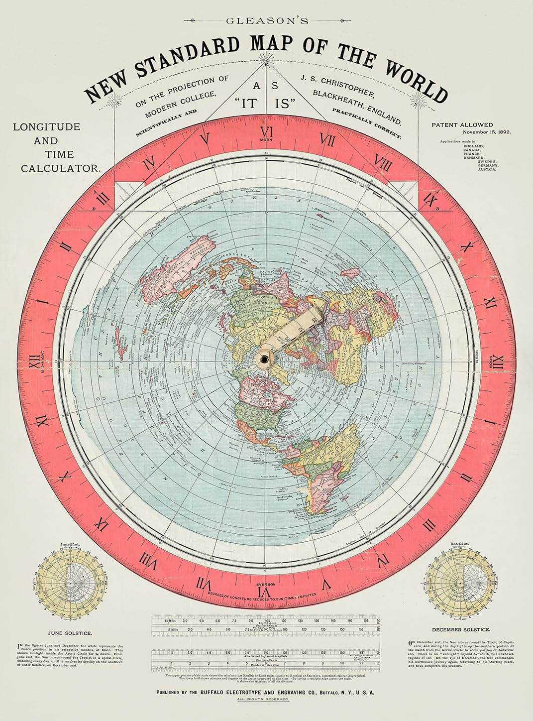Mapa histórico, 1892 Gleason's New Standard map of The World: on The Projection of J. S. Christopher, Modern College, Blackheath, Inglaterra, arte de pared vintage: 61 x 91 cm