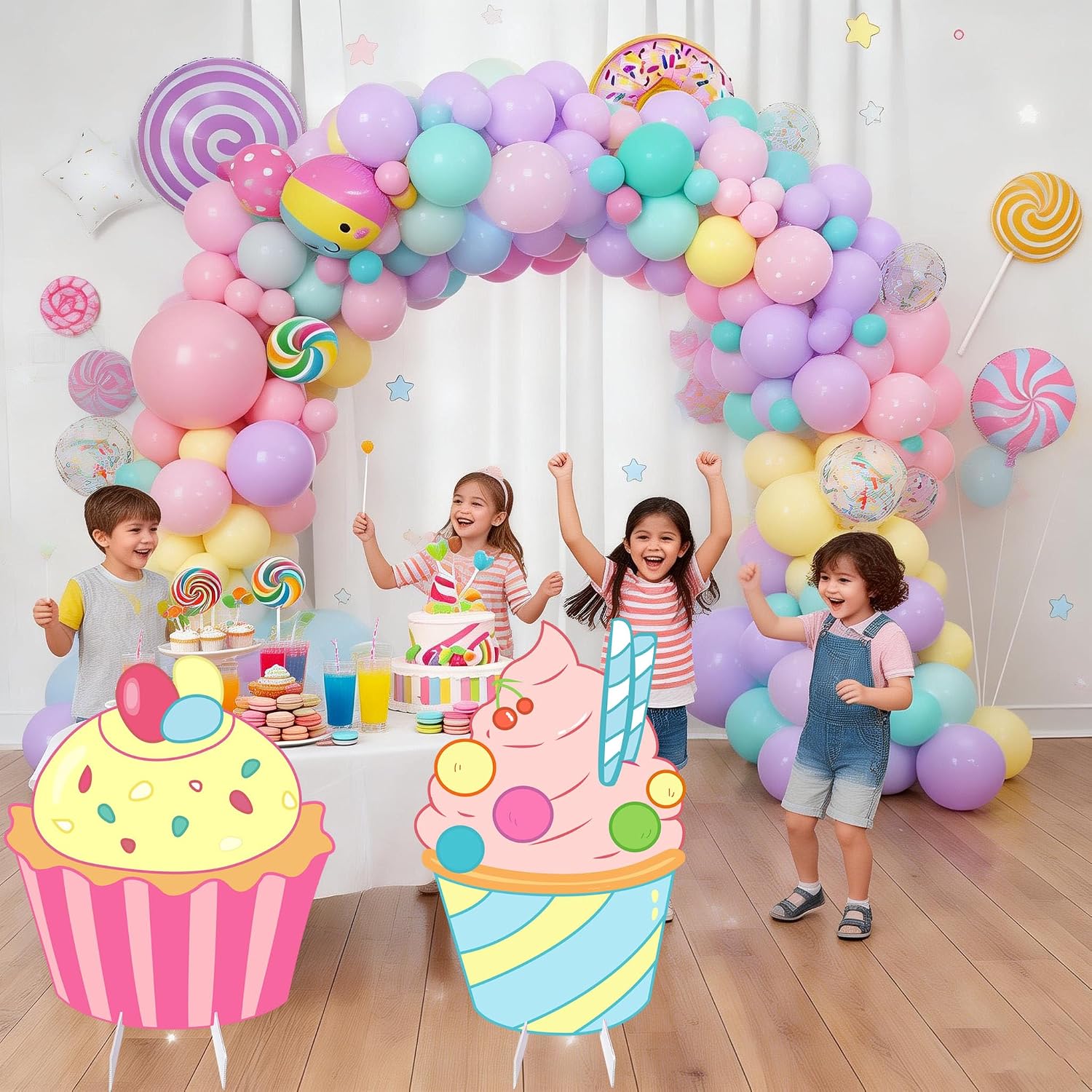 Candy Land Party Decoration 2 PCS Large Candyland Sign Giant Cardboard Cutout Candyland Decor Photo Booth Ice Cream Stand for Kids Candy Backdrop Cupcake Backdrop Yard Signs Wedding Birthday