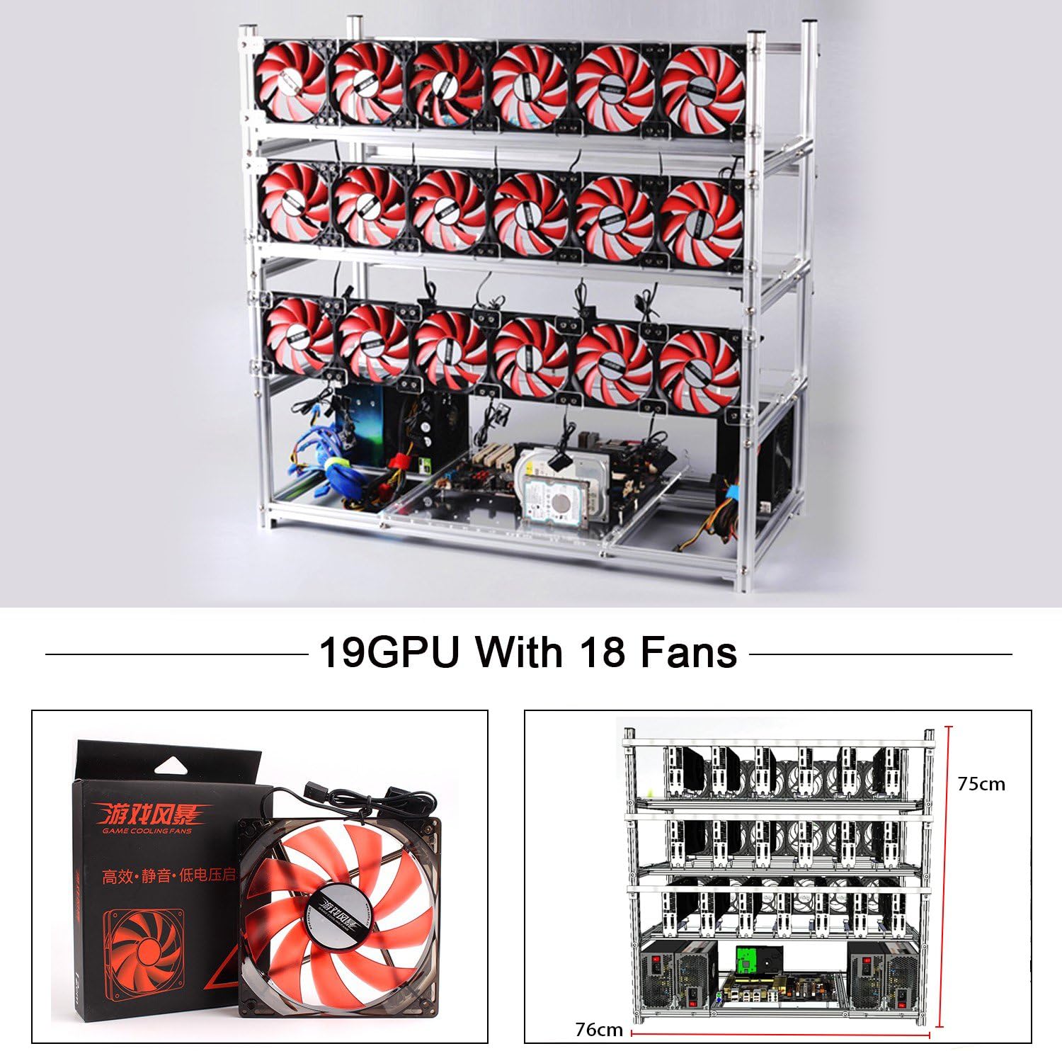 19 GPU Mining Rig with 18 Red Fan, Mining Rig Frame|Mining Case|Miner Case|Aluminum Stackable Open Air FrameFor ETH/ETC/ZCash/Cryptocurrency(Silver)