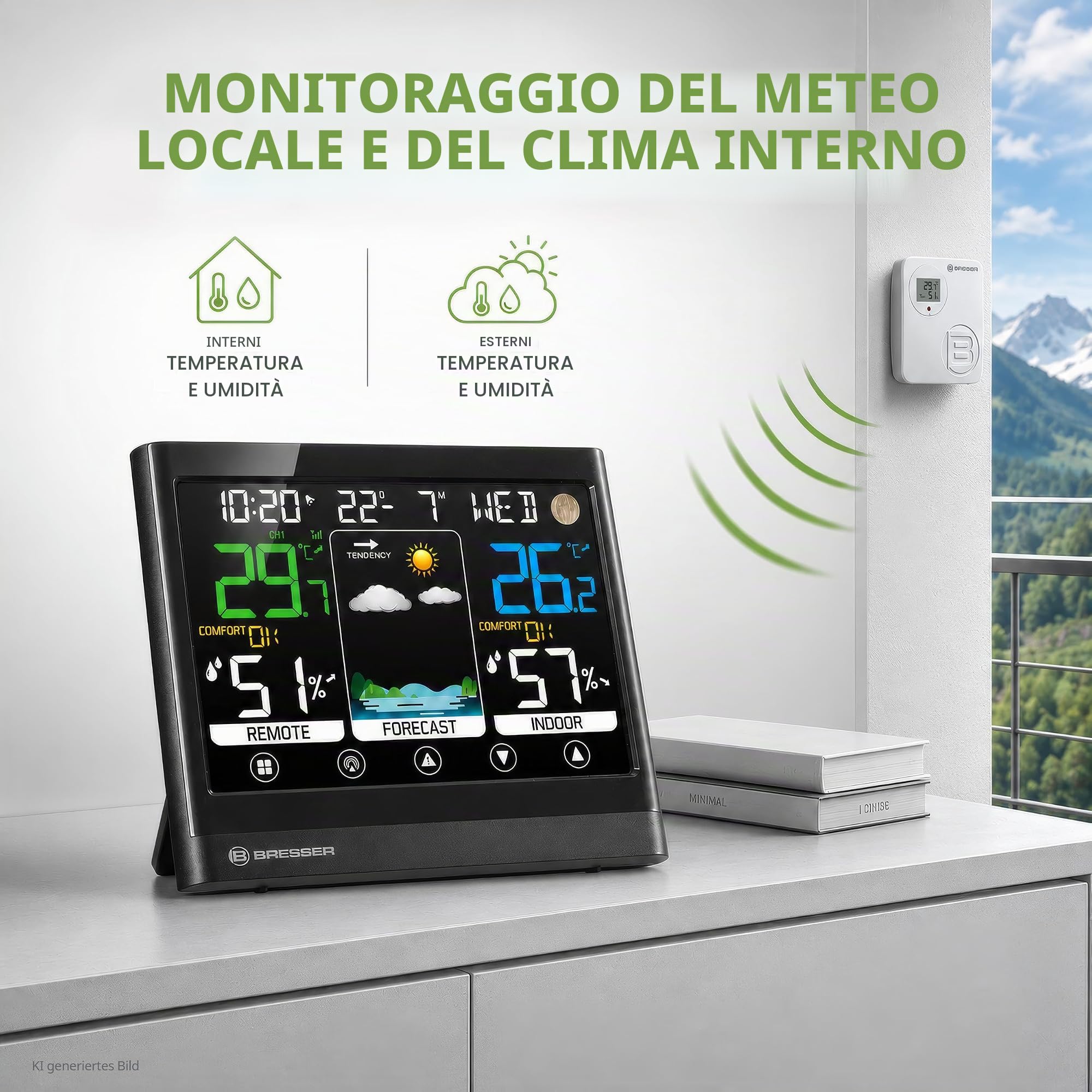 Bresser MeteoTemp BF Stazione meteo radio con display touch, sensore esterno radio, pressione dell'aria, previsioni meteo, indicatore di temperatura ambiente, umidità e ricezione del segnale orario