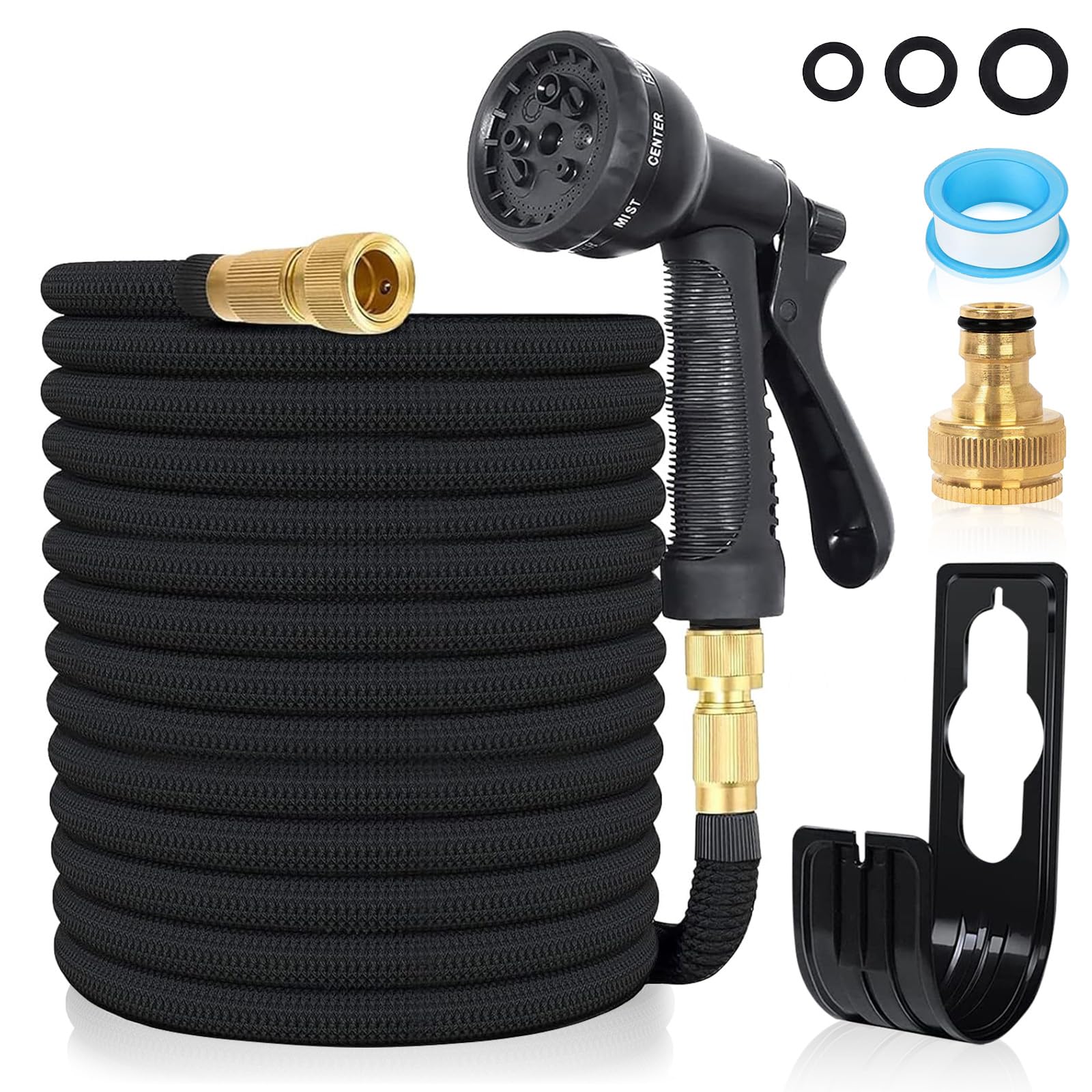 Expandable Garden Hose Pipe 100FT 3 Times Flexible Expanding Magic Lightweight Watering Hose Anti-Leakage with 3/4" 1/2" Solid Brass Fittings 8 Function Spray Nozzle (BlackA)