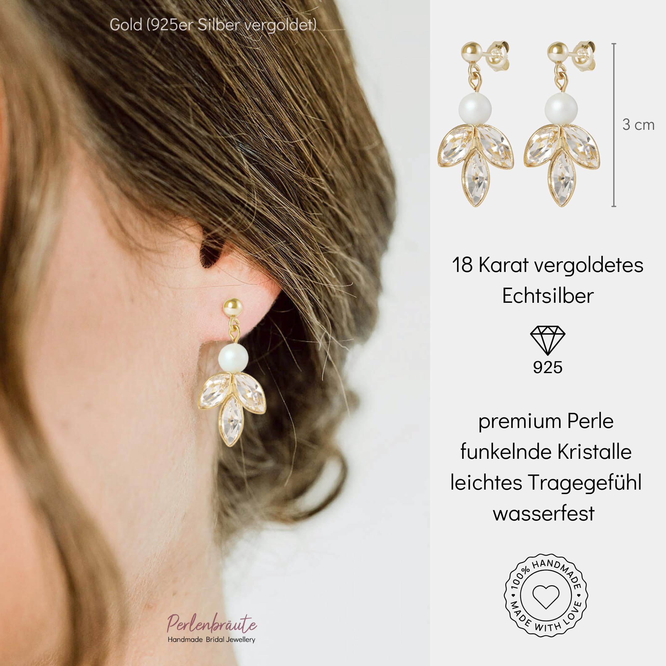 Schmuck Damen Zirkonia und Perlen Hochzeit – premium 925 Silber Schmuckset & Ohrringe Braut – hochwertiger Brautschmuck Perlen – Schmuckset gold Braut – Brautohrringe - Geschenk