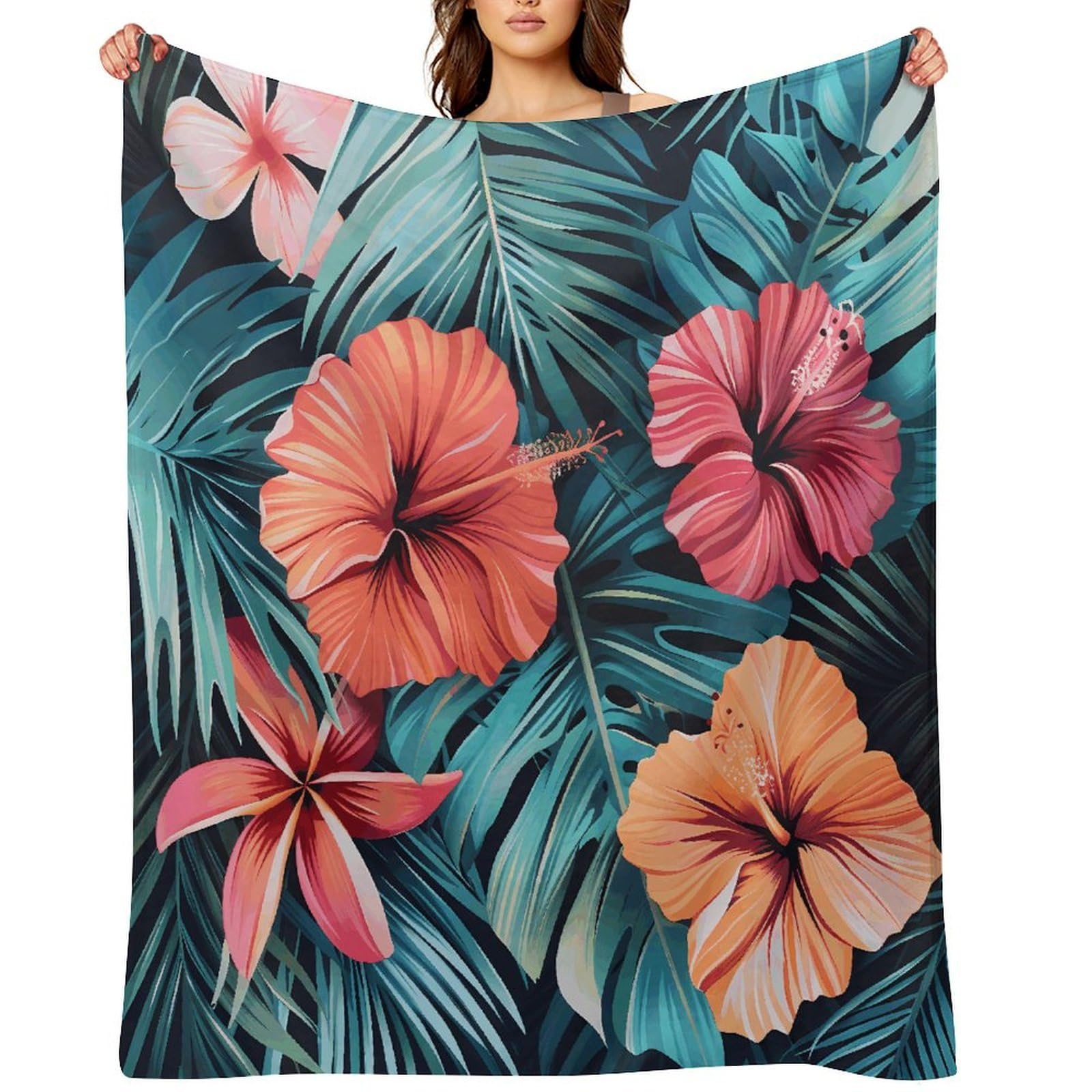 Tropical Summer Hawaiian Flower Palm Leaves Throw Blanket for Couch And Bed Super Soft Warm Lightweight Throw Blankets Cozy Fuzzy Flannel Blanket Personalized Decorative Blankets for Sofa Decor 40"x50