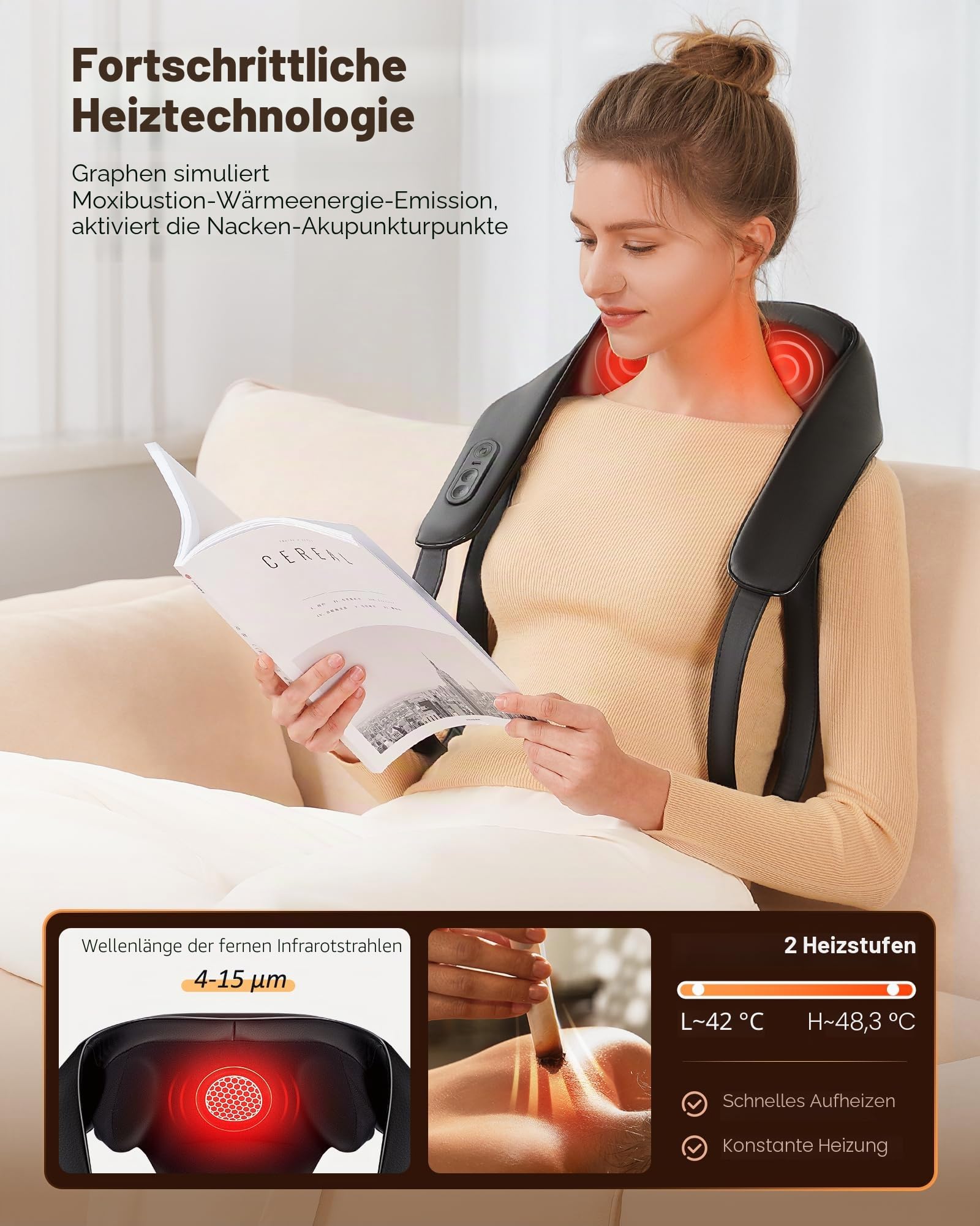 KNQZE® Shiatsu Massagegerät 4D, 2026 Kabellos Nackenmassagegerät mit Wärme, Verbesserte Graphenheizung, 4D Shiatsu Tief knetende Nackenmassage für Nacken, Schulter, Rücken, Geschenke,Schwarz