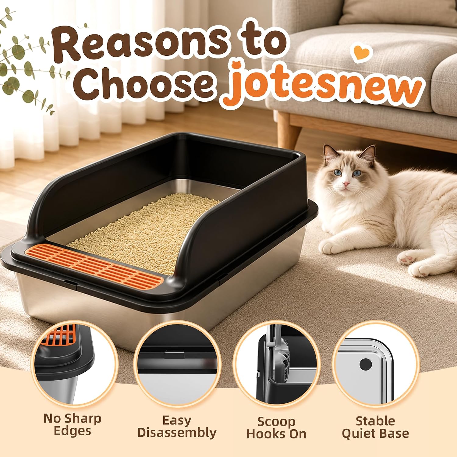 Jotesnew Stainless Steel Cat Litter Box, Odor Free High-Sided Metal Litter Box, Open Top Low Entry Litter Pan Design, Anti-Urine Leakage, Non-Stick, Easy to Clean, Scoop Included, Black