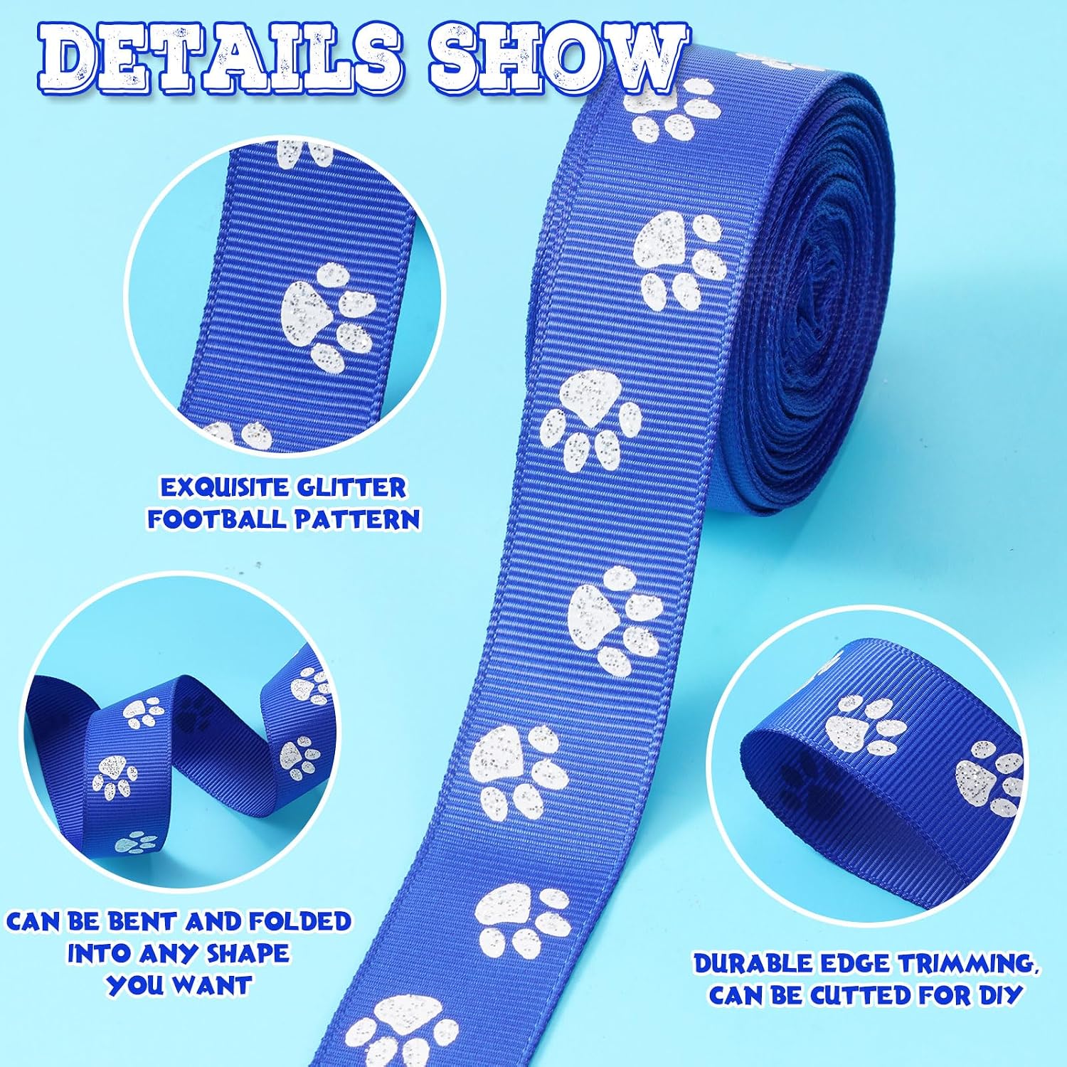 Giegxin 10 Yards 7/8 Inch Paw Print Glitter Wired Edge Ribbon Pet Theme Cheer DIY Crafts Fabric Ribbon Grosgrain Party Decorations for Dog Lover Birthday Team Hair Bow Lanyard Gift Wrap(Blue, Paw)