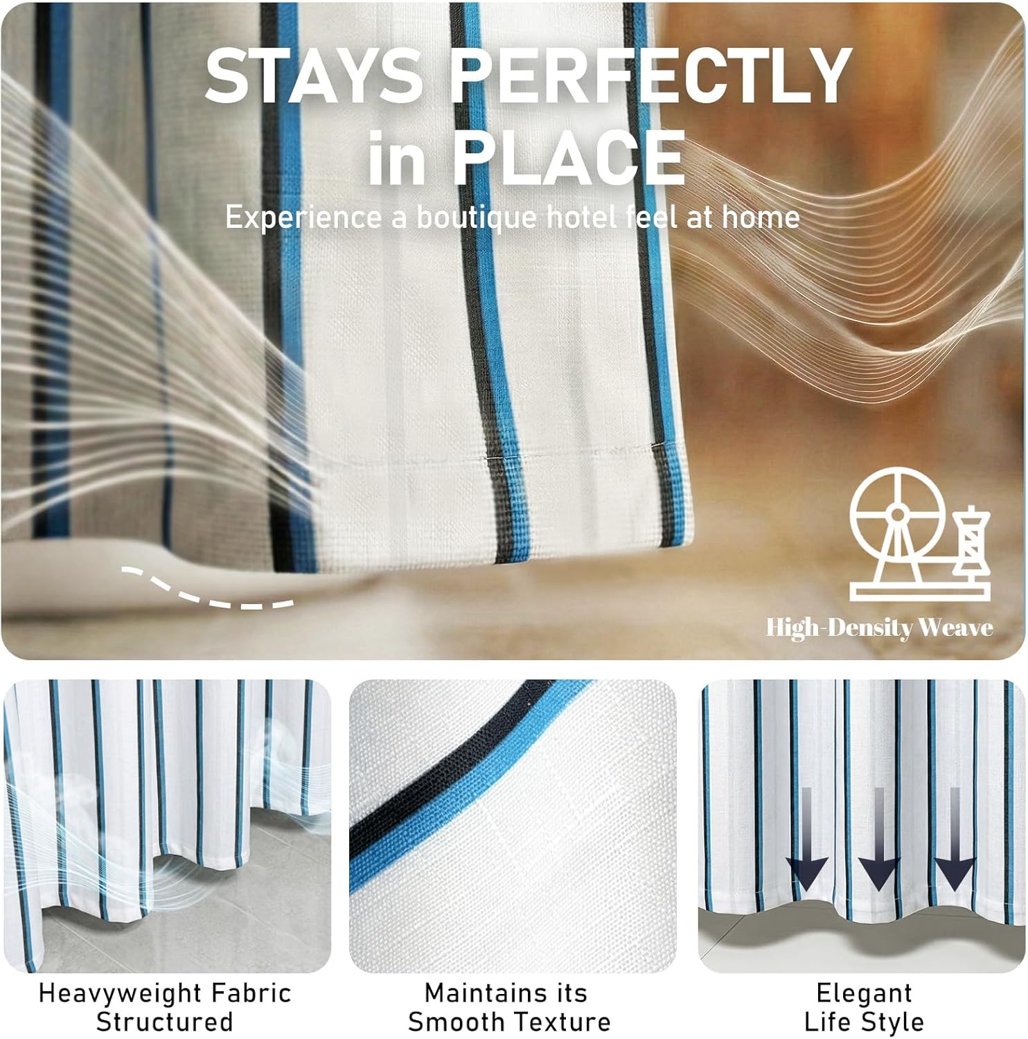 Striped Shower Curtain for Bathroom – Modern Black, Blue & Grey Fabric Bath Curtains – Heavy Duty Thick Hotel Quality, Water Repellent & Weighted Hem, 12 Hooks Included (72" x 72")