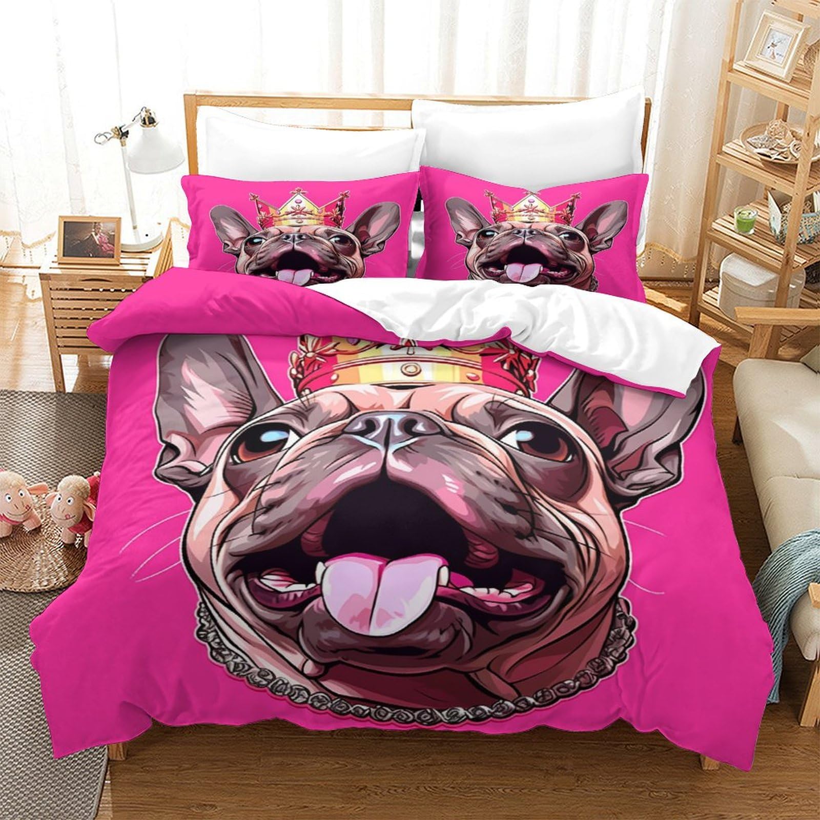 TNFHSOFT French Bulldog Duvet Cover Set Bedding Quilt Cover Set with Shames Soft Microfiber Xmas Bedding Sets with Zipper 3PCs Boys And Girls King（220x240cm）