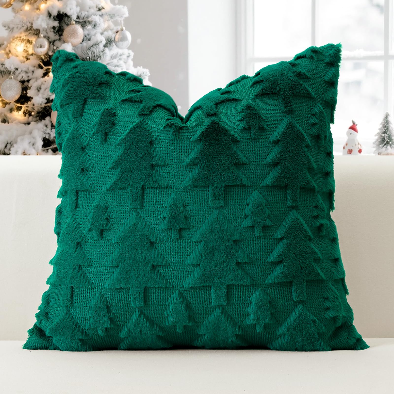 JOTOM Set of 1 Christmas Cushion Cover 45x45cm Green Christmas Tree Decorative Soft Throw Pillow Cover Plush Faux Fur Winter Holiday Pillow Case for Home Bed Couch Sofa Decor (Green) โ image 1
