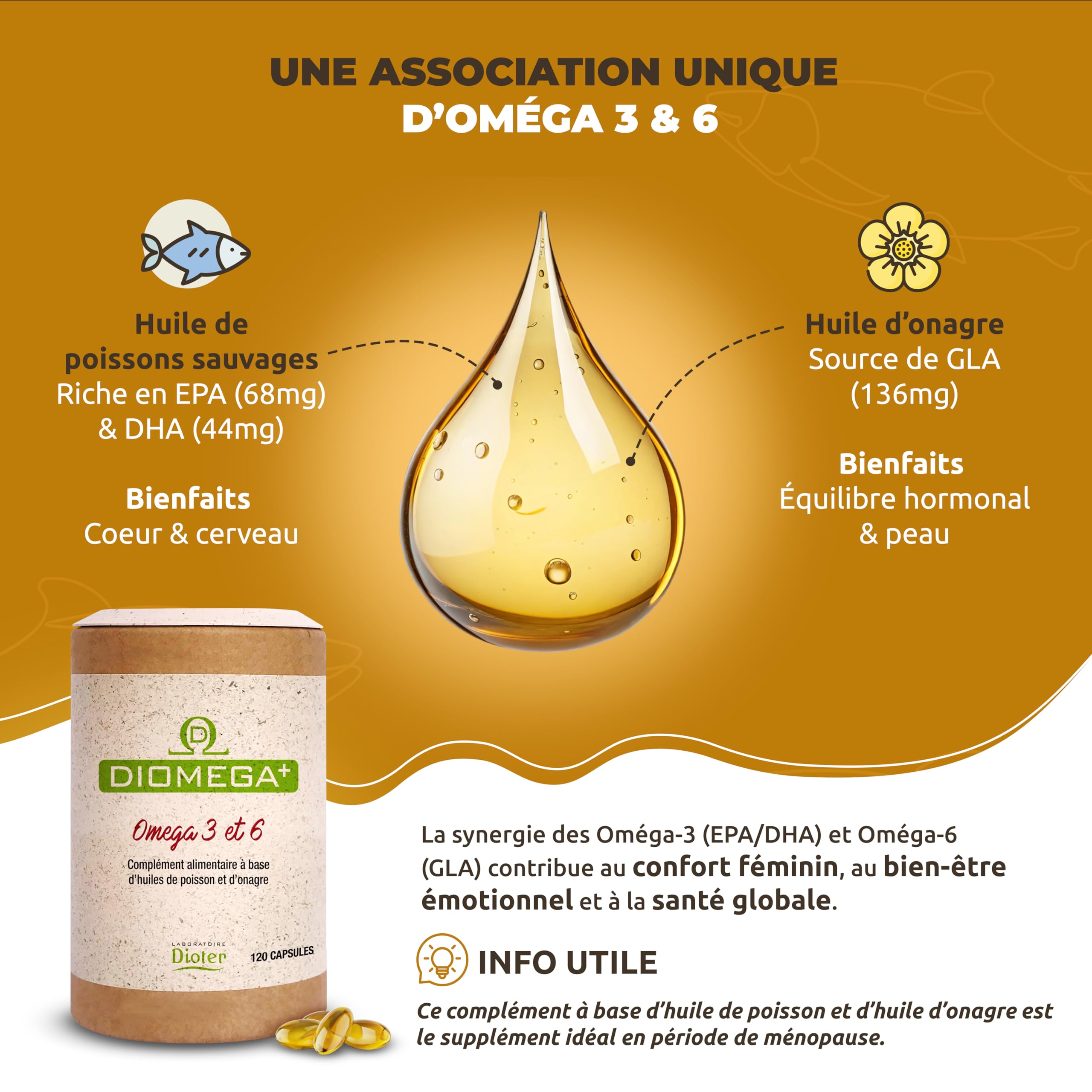 Dioméga Équilibre Oméga 3 & 6 – Huile de Poisson + Huile d’Onagre – Complément Alimentaire Femme Pré-Ménopause & Ménopause – Bien-être Hormonal, Peau, Humeur – Confort Féminin – 120 capsules