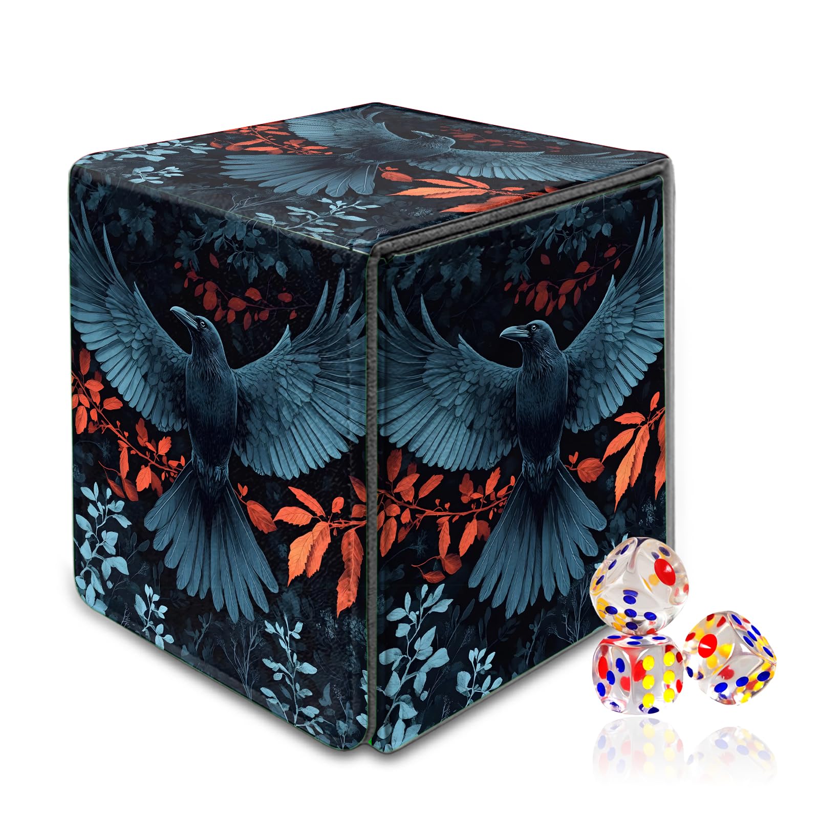 VOGDMKJG Trading Card Deck Box Fit 120+ Single Sleeved Cards,PU Leather Magnetic Closure Card Storage Box With 3 Dice For MTG/TCG/PTCG/Magic/Sport Card Storage Case Vertical Design Black Bird