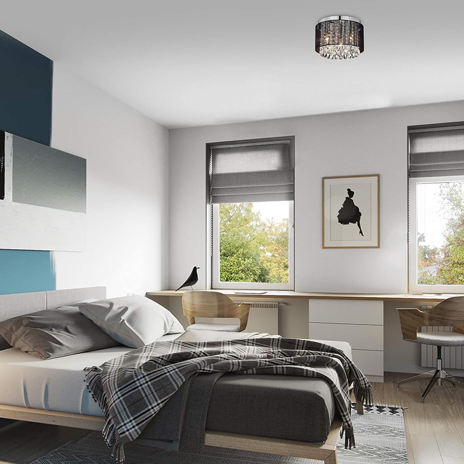 Suреr Brаndѕ Chandeliers Black Chandelier Small Flush Mount Light Fixture Mini Crystal Chandelier Lighting Drum Ceiling Chandelier 3 Light Flush Mount Chandelier for Bedroom