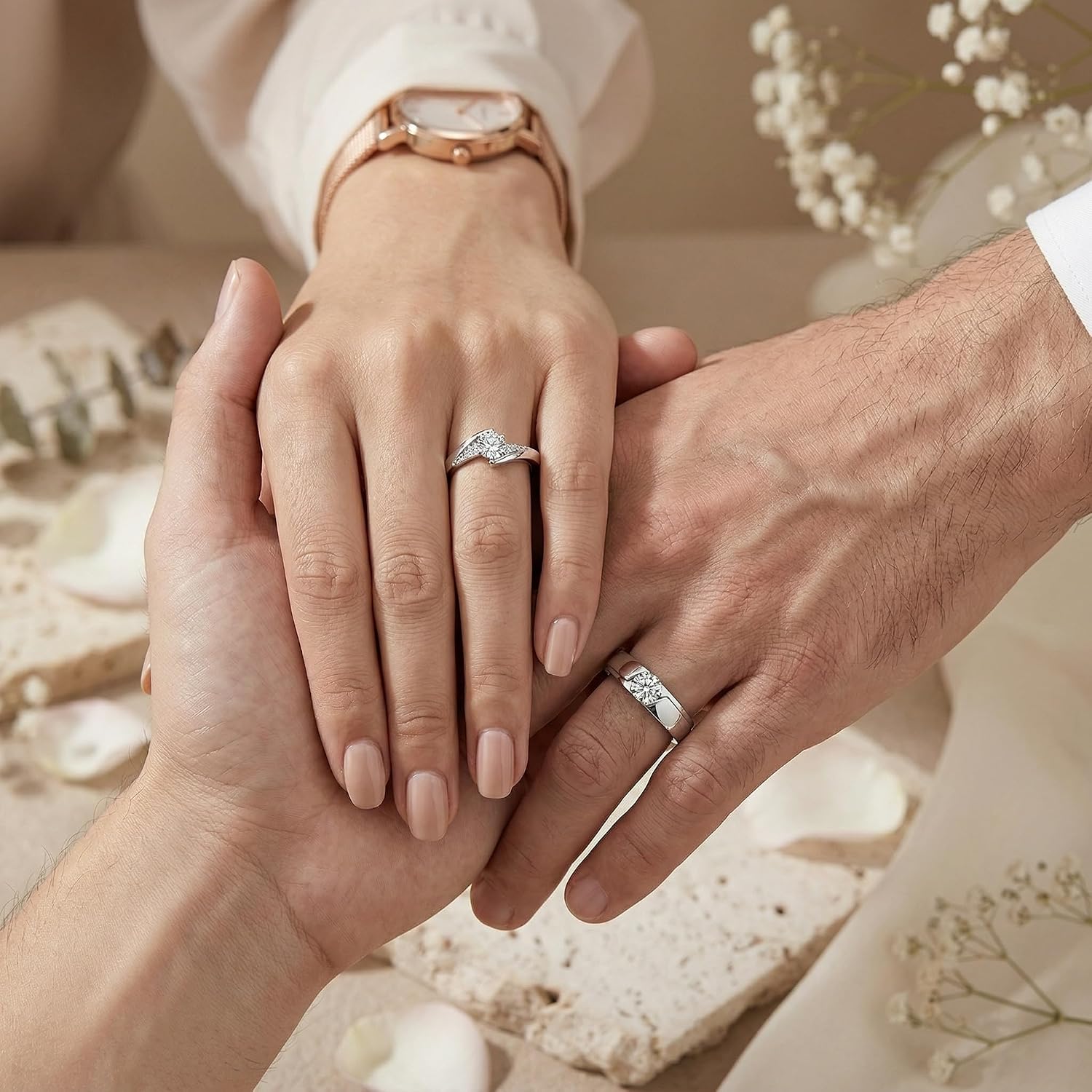 WSX Personalized 1 to 3 Carat Adjustable Diamond Couple Rings Set, Matching Couple Open Rings for Him and Her Wedding Bands for Promise Engagement Anniversary Bridal Jewelry