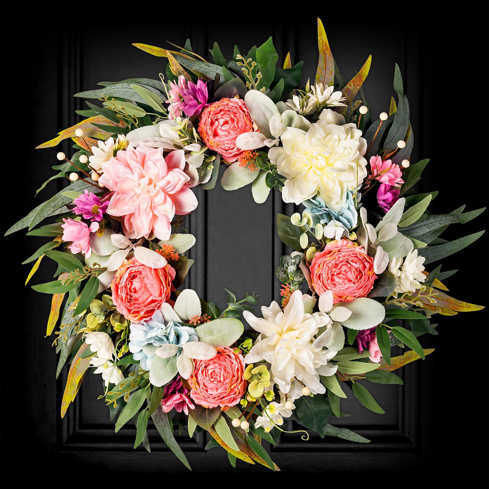 Spring Summer Wreath for Front Door Outside Porch Wall Home Decor, 20" Colorful Modern Floral Wreath with Peony Dahlia