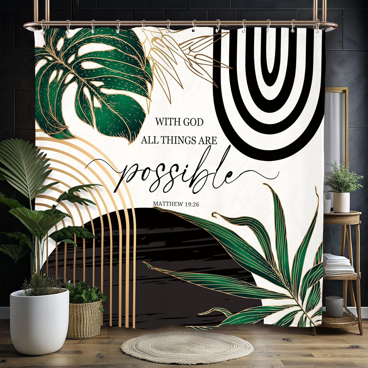 Miyotaa Abstract Emerald Green Shower Curtain Set 71Wx84H Inches Bible Christian Extro Long Motivational Minimalist Modern Tropical Leaves Aesthetic Contemporary Bathroom Curtain with Hooks