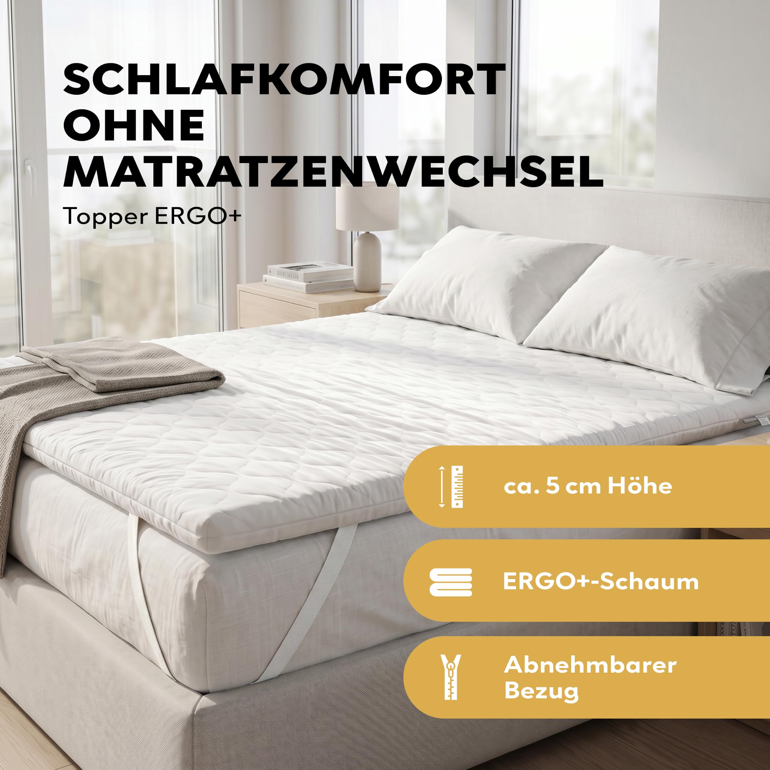 Matratzentopper 200x200 cm | 5 cm Höhe | Ergo+ orthopädischer Komfortschaum | Waschbar & Hypoallergen | Mattress Topper 200x200