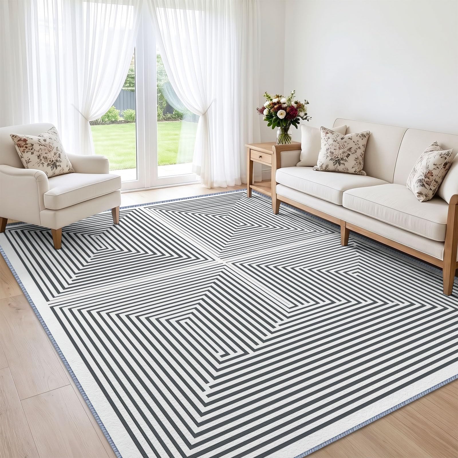 Tapis Salon Minimaliste Labyrinthe Géométrique Rayures 160 x 230 cm, Tapis Antidérapant Moderne Ne Perde Pas de Peluches, Lavable en Machine pour Chambre, Salle à Manger, Bureau à Domicile