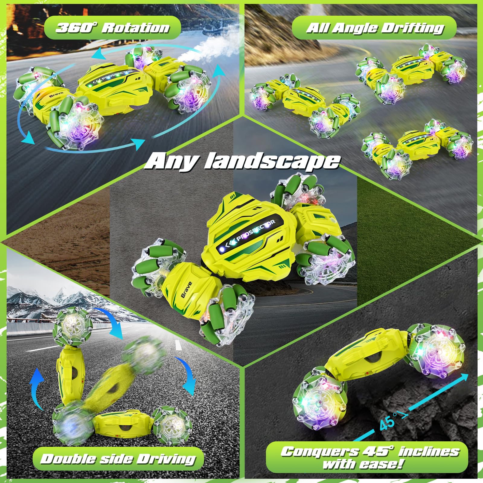 PATEMZON Voiture Télécommandée Tout Terrain, 4WD 2.4Ghz RC Stunt Car, Voiture télécommandée avec la Main, Lumière et Spray, Rotation à 360°, Cadeau pour Filles Garçons Enfants de 6 8 9+ Ans (Vert)