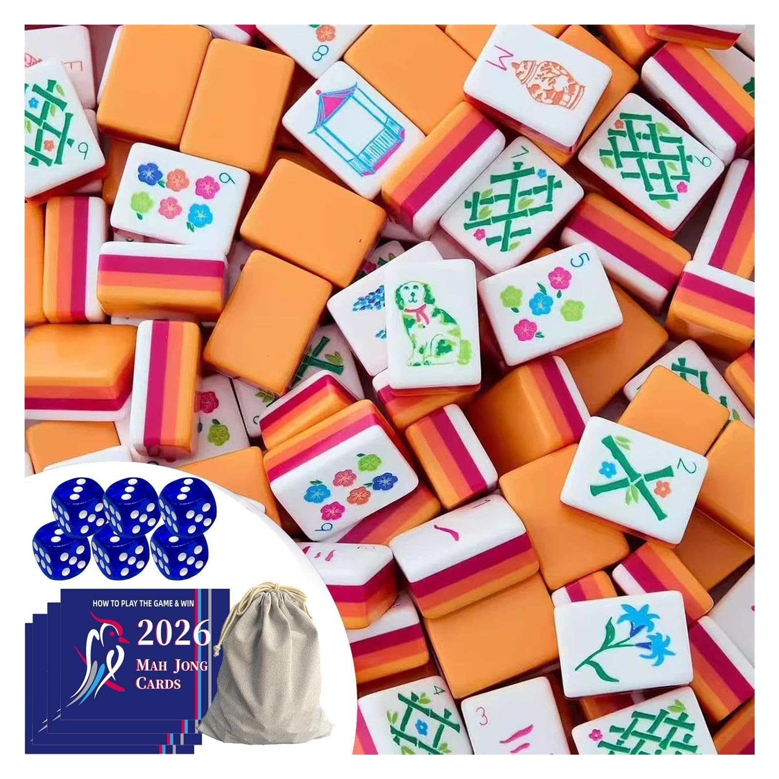 Ensemble de Mahjong en Acrylique 160 tuiles – Jeu américain à 4 Couches avec Sac de dés et Guide en Panneau Dur(Ochre)