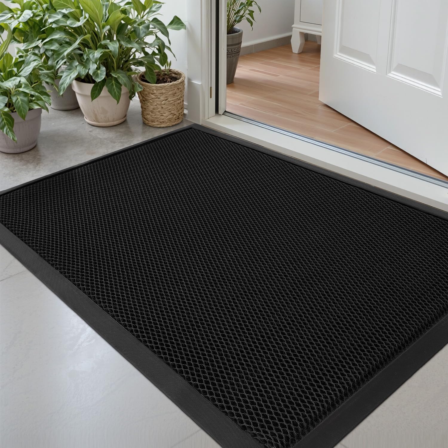 DEXI Felpudo Entrada Casa 60 x 90 cm, Alfombra Antideslizante, Absorbe Suciedad y Humedad, Fácil de Limpiar, Impermeable Alfombrillas para Puerta de Interior y Exterior, Balcón,Jardín, Negro