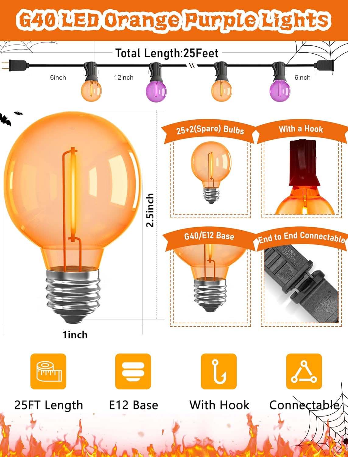 25FT Halloween String Lights Outdoor Plug-In, 25 G40 LED Bulbs & 2 Spare, E12 Base, 2700K Warm White, Shatterproof, Outdoor Halloween Decorations for Garden Patio Christmas, Clear Purple Orange