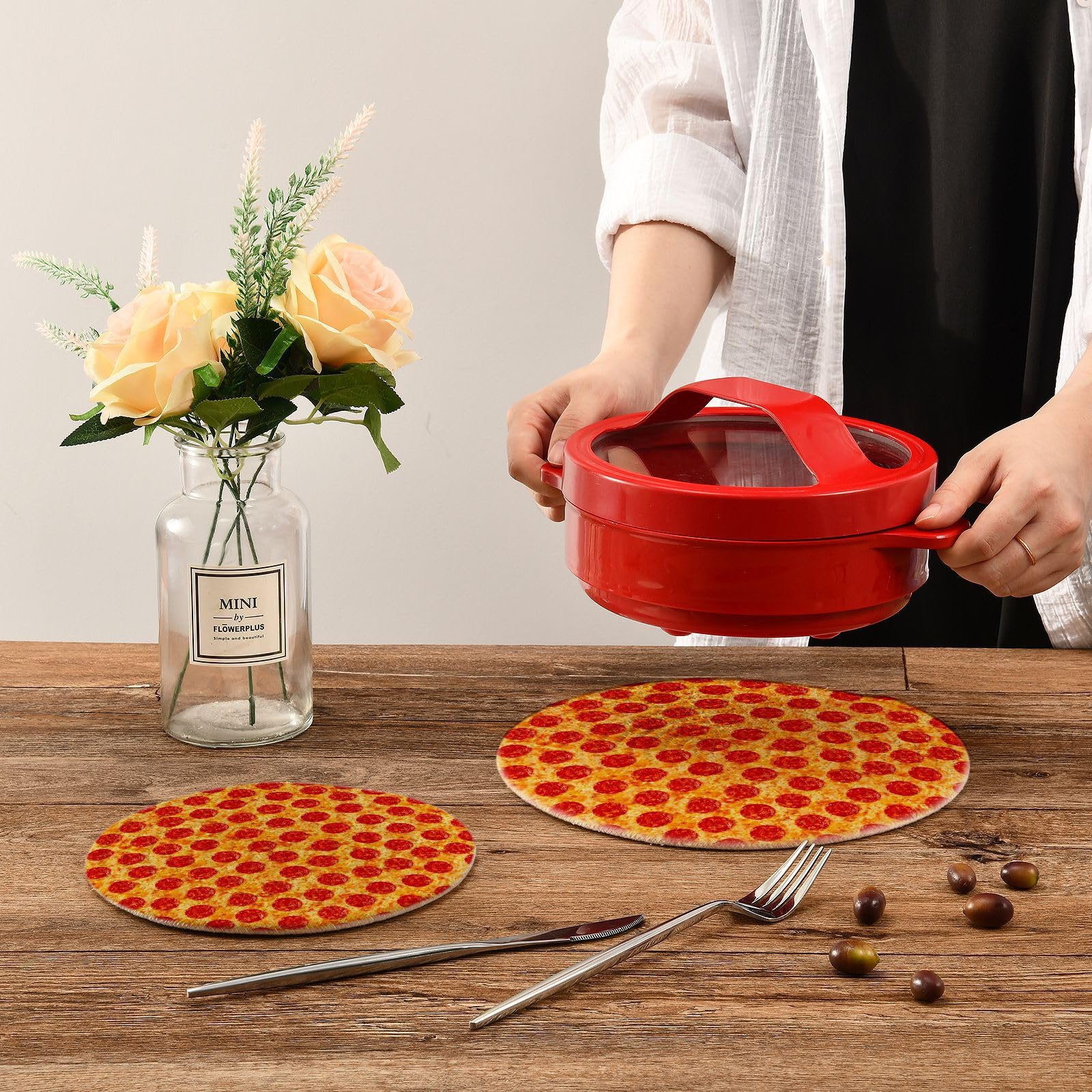 Naanle Juego de 2 salvamanteles redondos de algodón tejido para pizza y pepperoni, 7 y 9 pulgadas de diámetro, resistente al calor para decoración de cocina, suministros de cocina