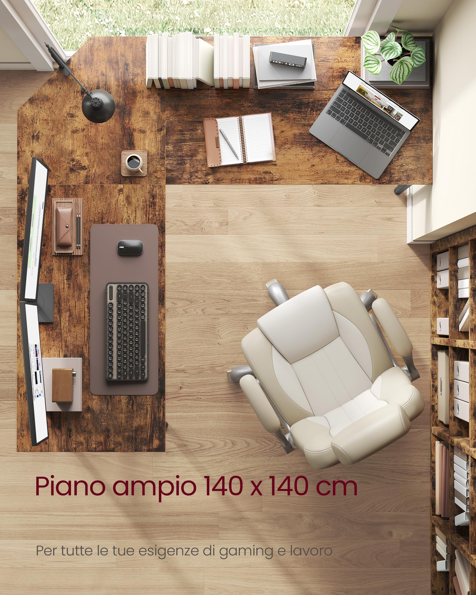VASAGLE Scrivania per Computer a Forma di L, 140 x 140 x 76 cm, Scrivania ad Angolo, per Ufficio Studio, Marrone Vintage e Nero Inchiostro LWD73XV1